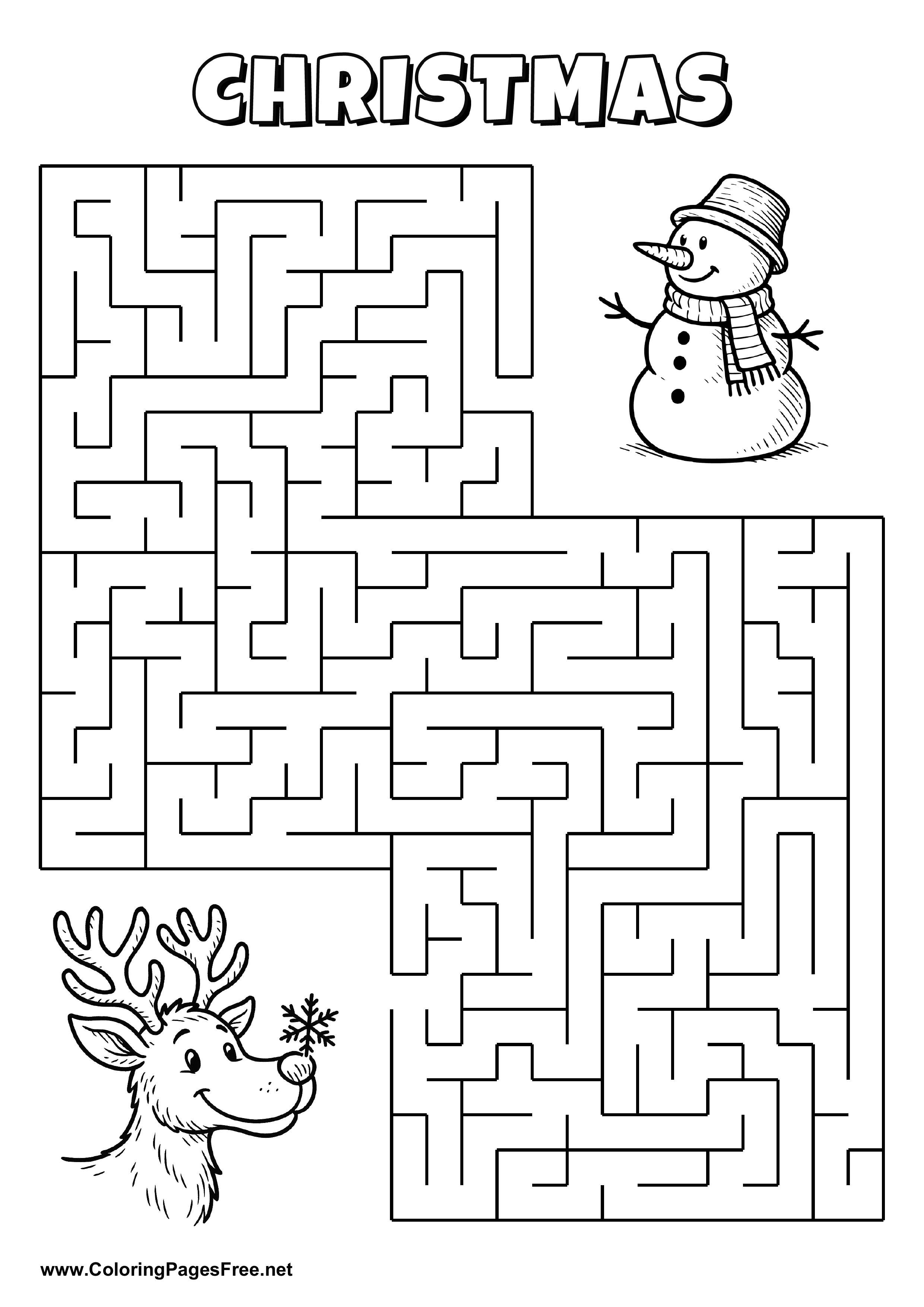 Printable Maze 'The reindeer with a snowflake is looking for the way to the snowman'