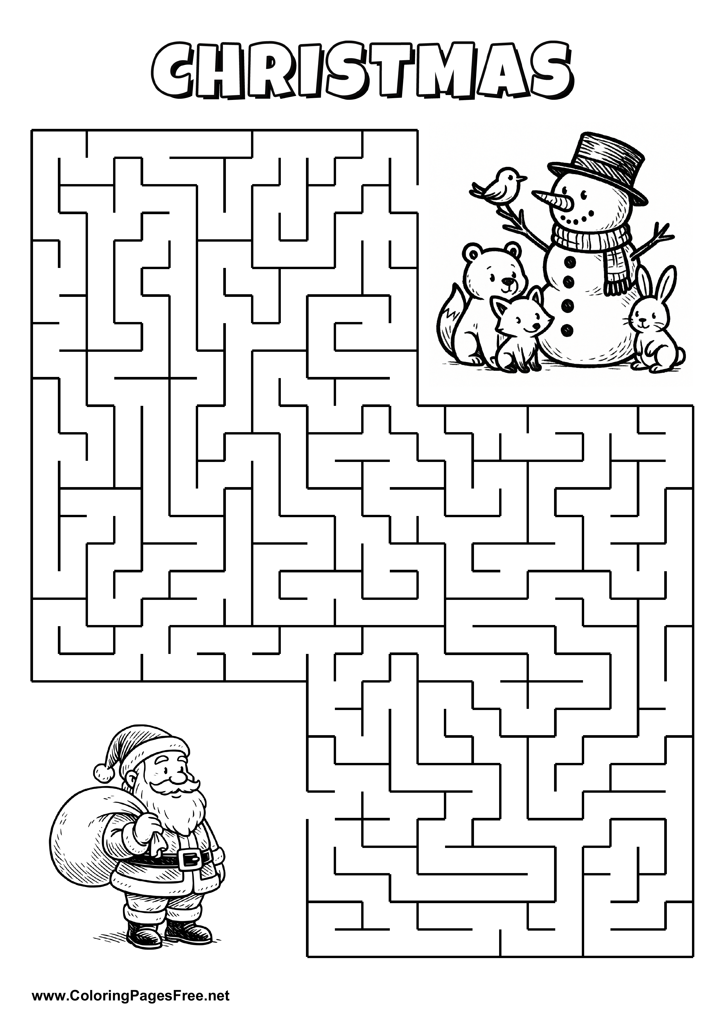 Printable Maze 'The snowman is looking for the way to the Christmas party'