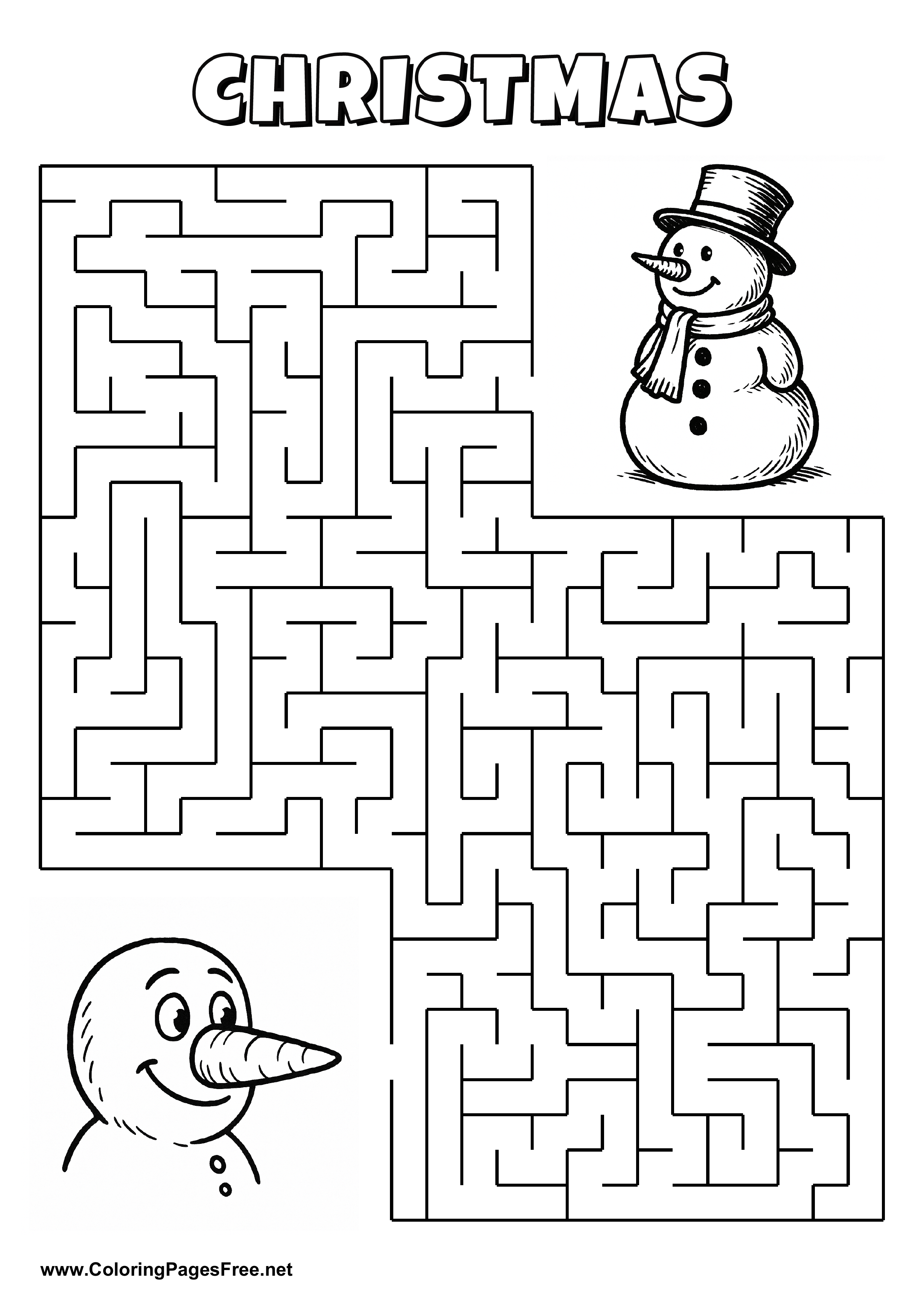Printable Maze 'The snowman is looking for the way to the other snowman'