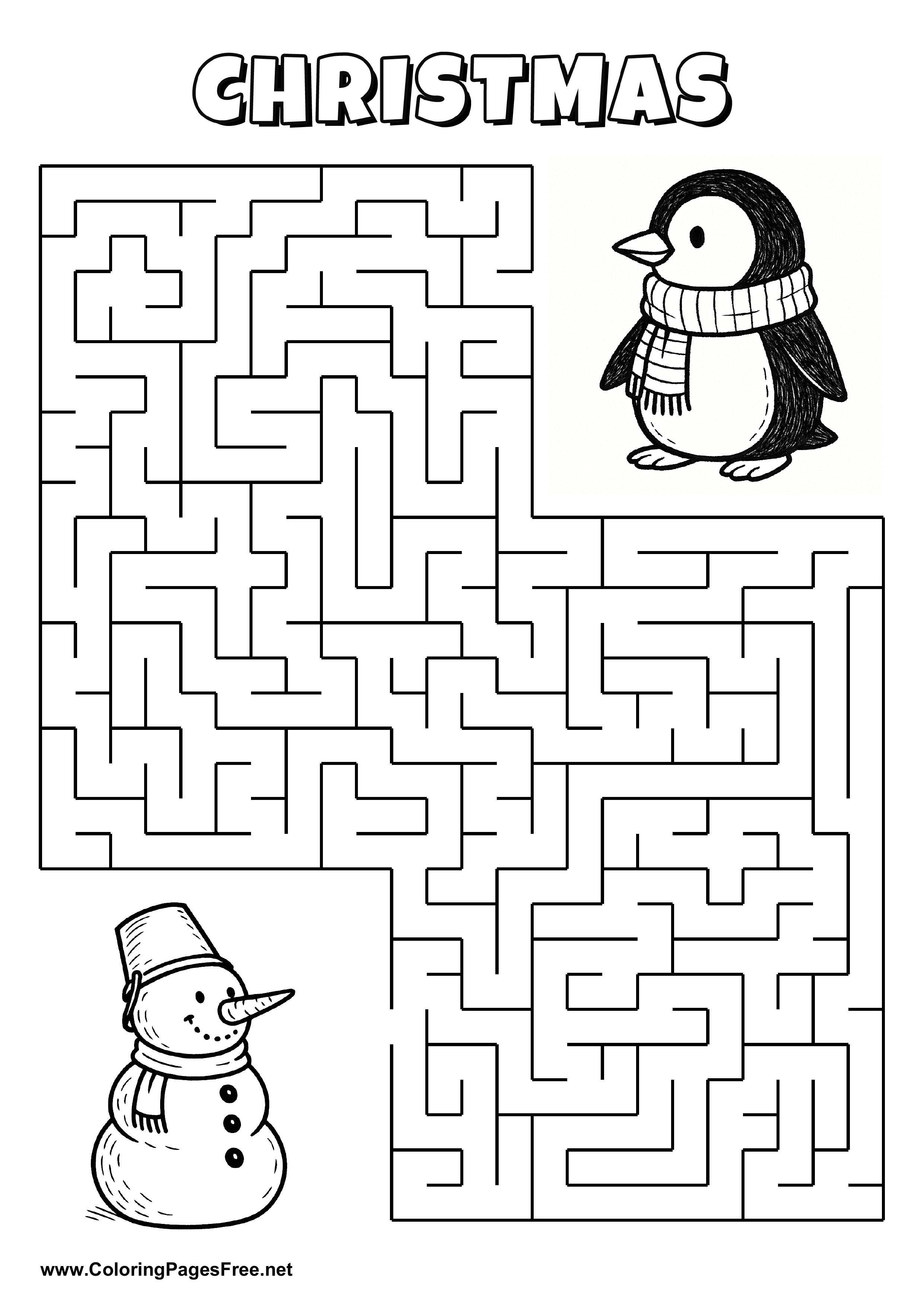 Printable Maze 'The snowman with a bucket is looking for the way to the penguin'