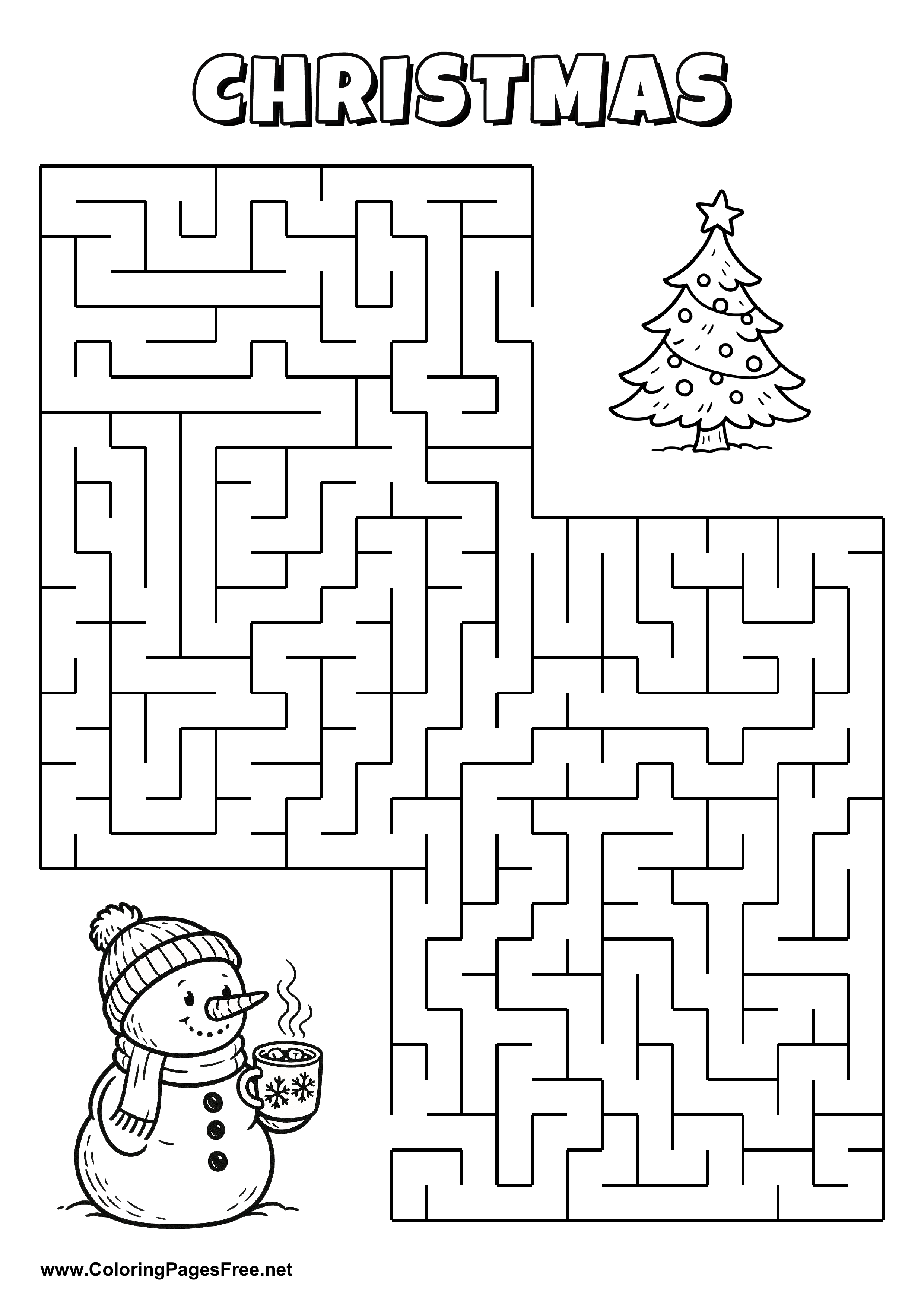 Printable Maze 'The snowman with a cup of cocoa is looking for the way to the Christmas tree'