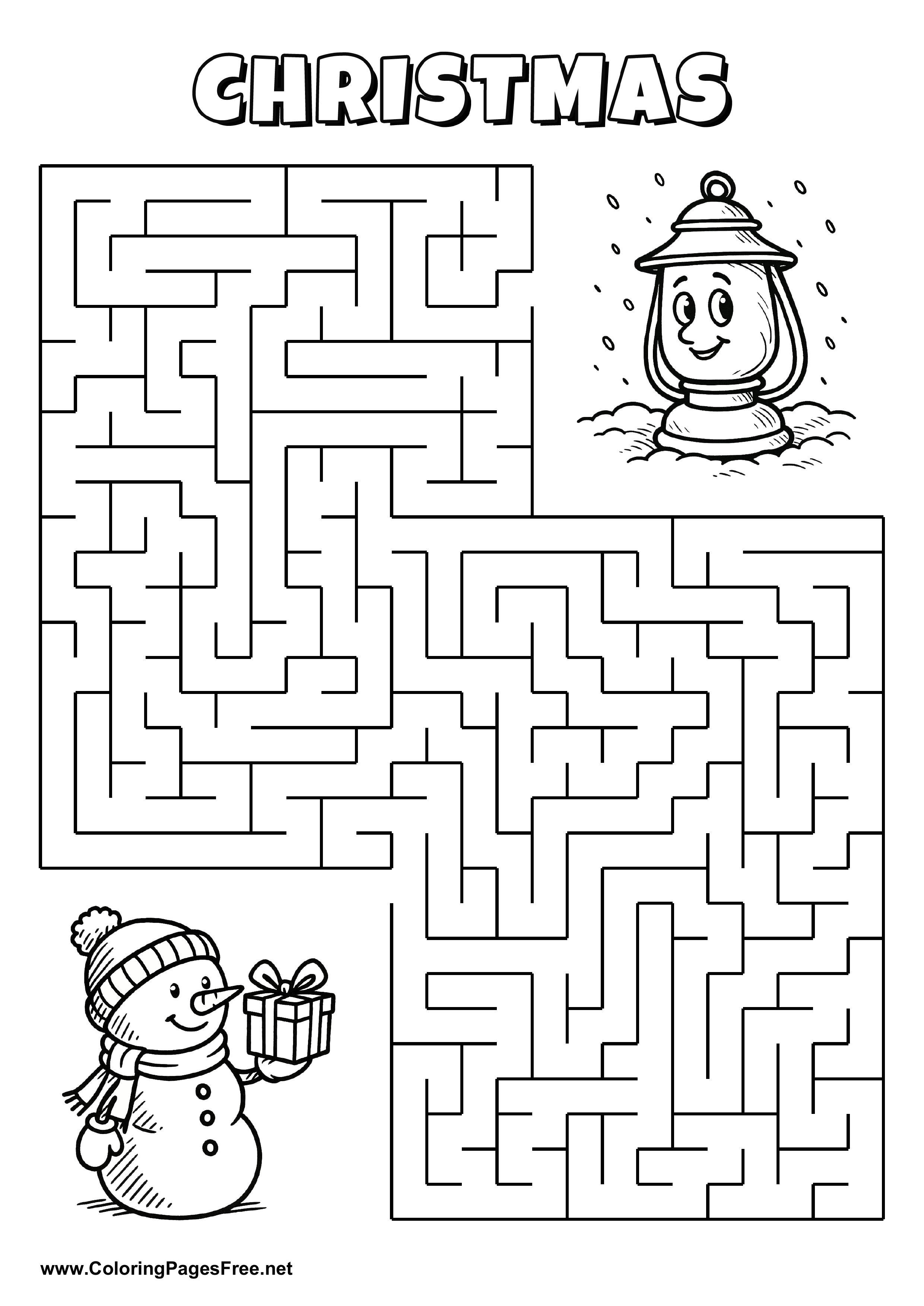 Printable Maze 'The snowman with a gift box is looking for the way to the lamp'