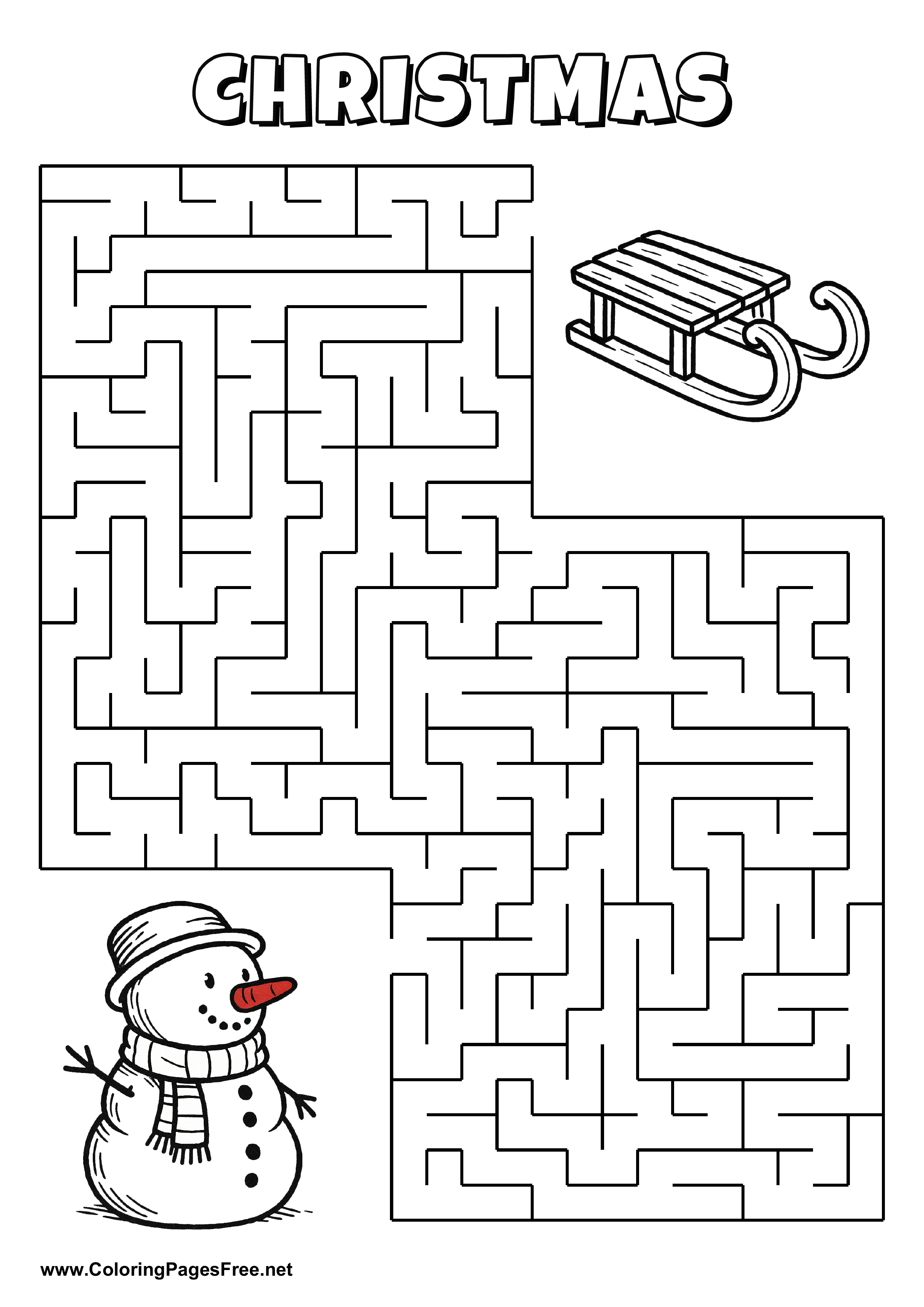 Printable Maze 'The snowman with a red nose is looking for the way to the sleigh'