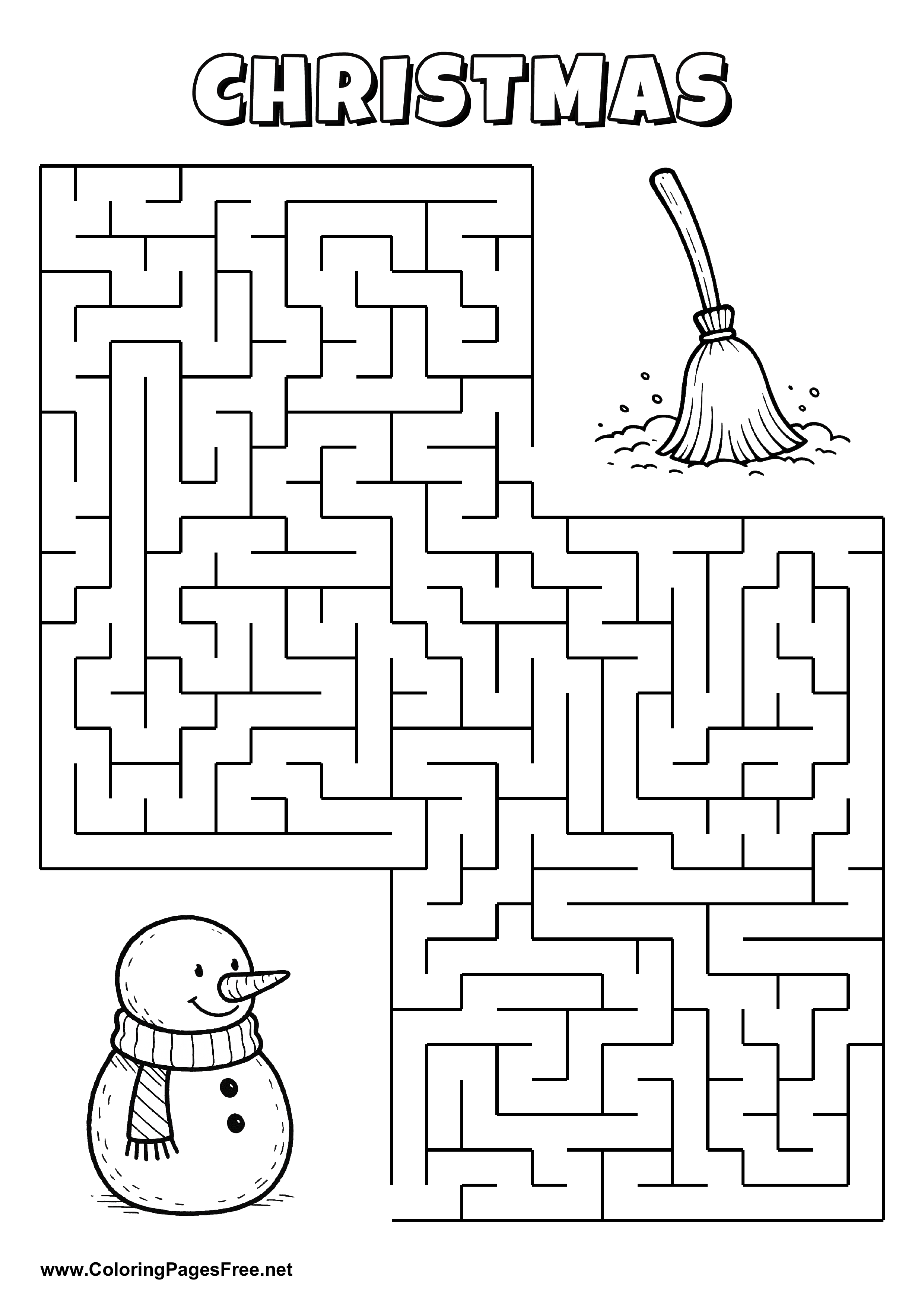Printable Maze 'The snowman with a scarf is looking for the way to the broom in the snow'
