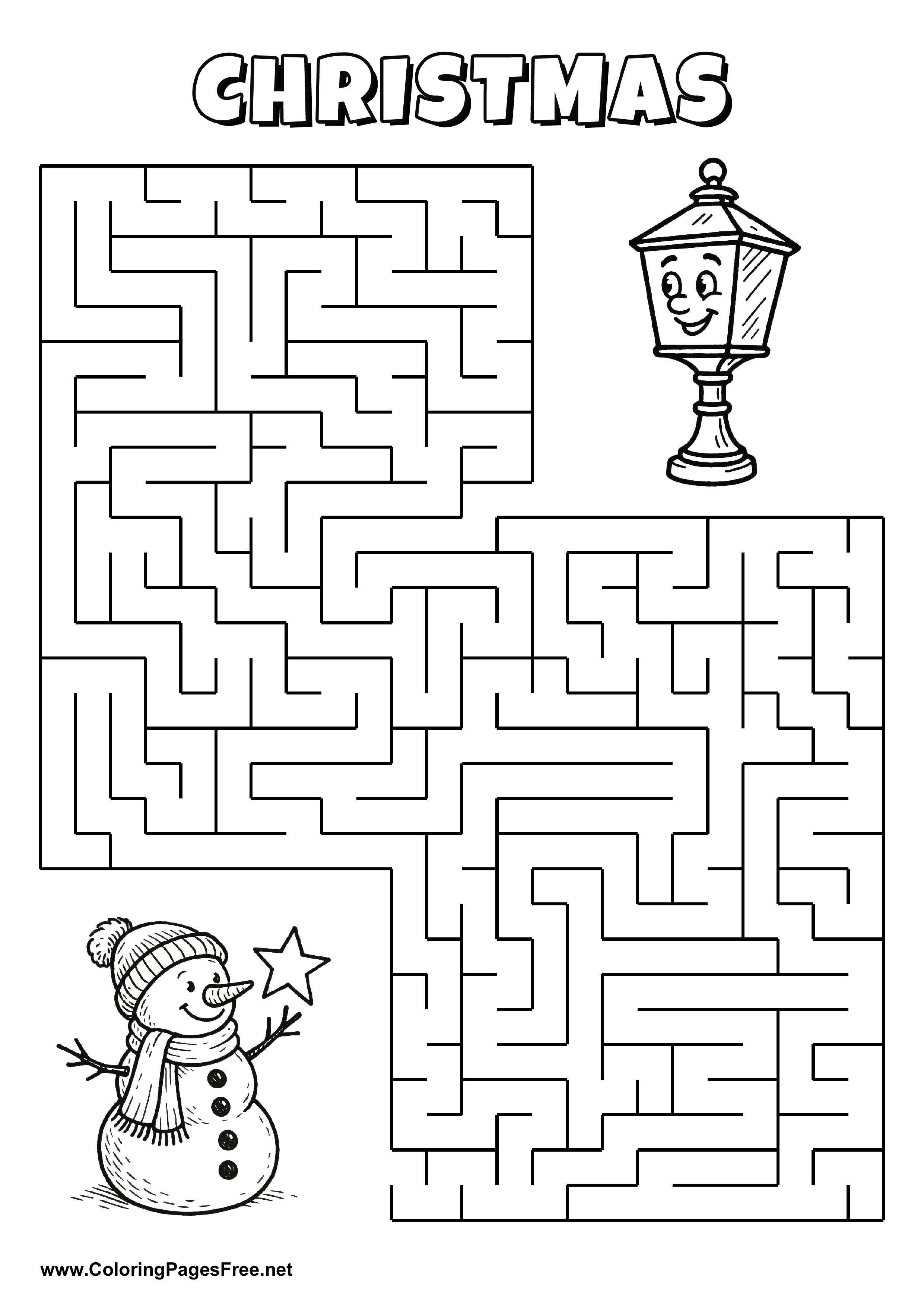 Printable Maze 'The snowman with a star is looking for the way to the lantern'