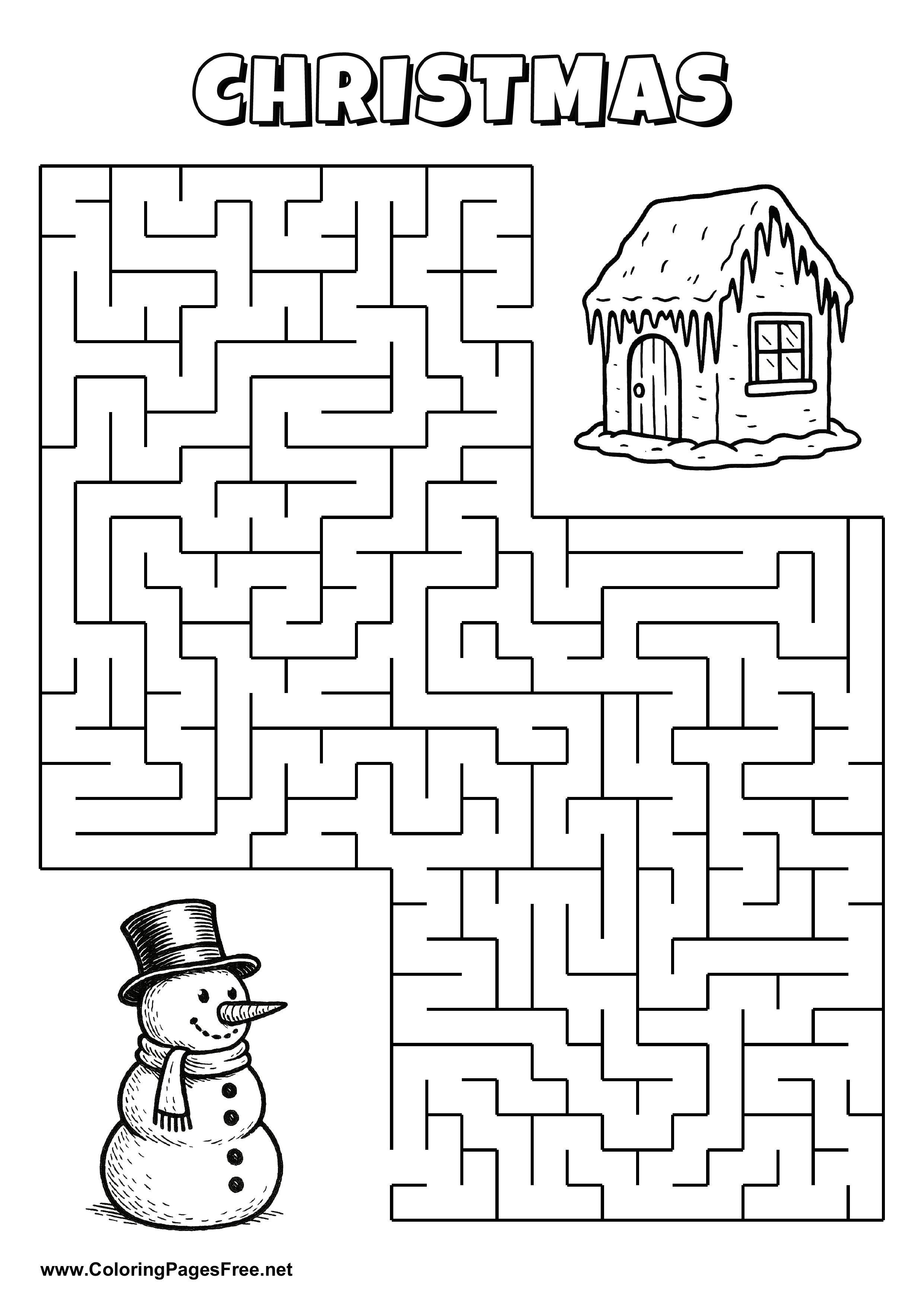 Printable Maze 'The snowman with a top hat is looking for the way to the icicle house'