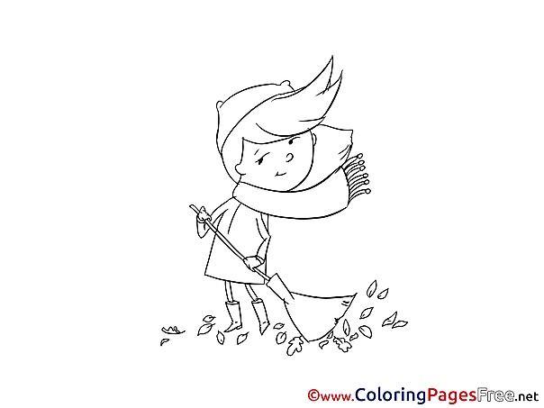 Girl Sweeping Leaves Colouring Page printable free