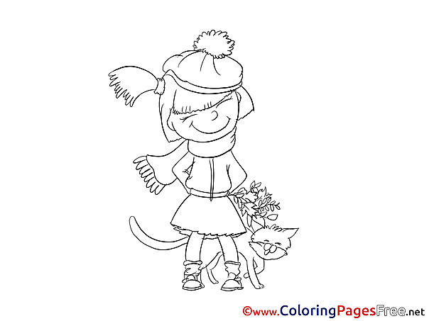 Winter Girl free Colouring Page download Cat