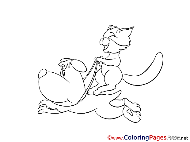 Cat Riding Dog Kids free Coloring Page