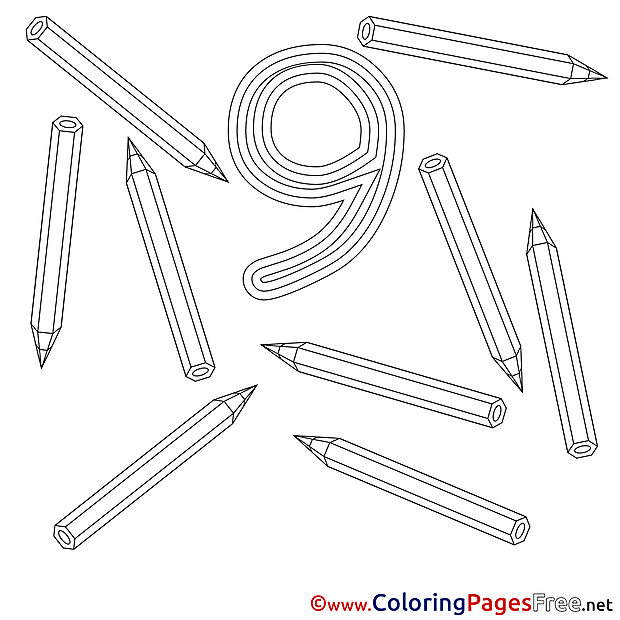 9 Pencils Kids Numbers Coloring Page