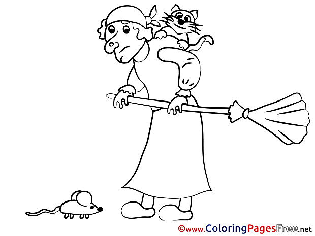 Baba Yaga with Cat Children Coloring Pages free
