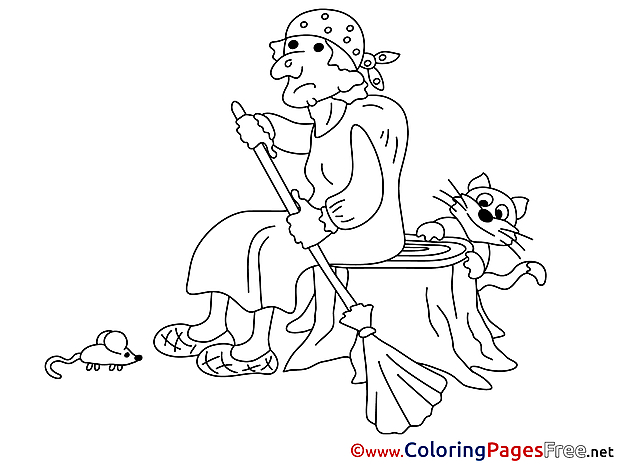 Cat with Baba Yaga Kids free Coloring Page