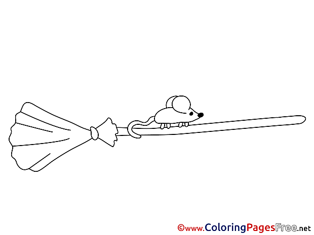 Mouse on Broom Colouring Page printable free