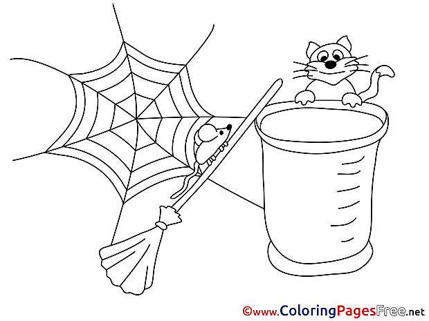 Web Cat Broom download Colouring Sheet free