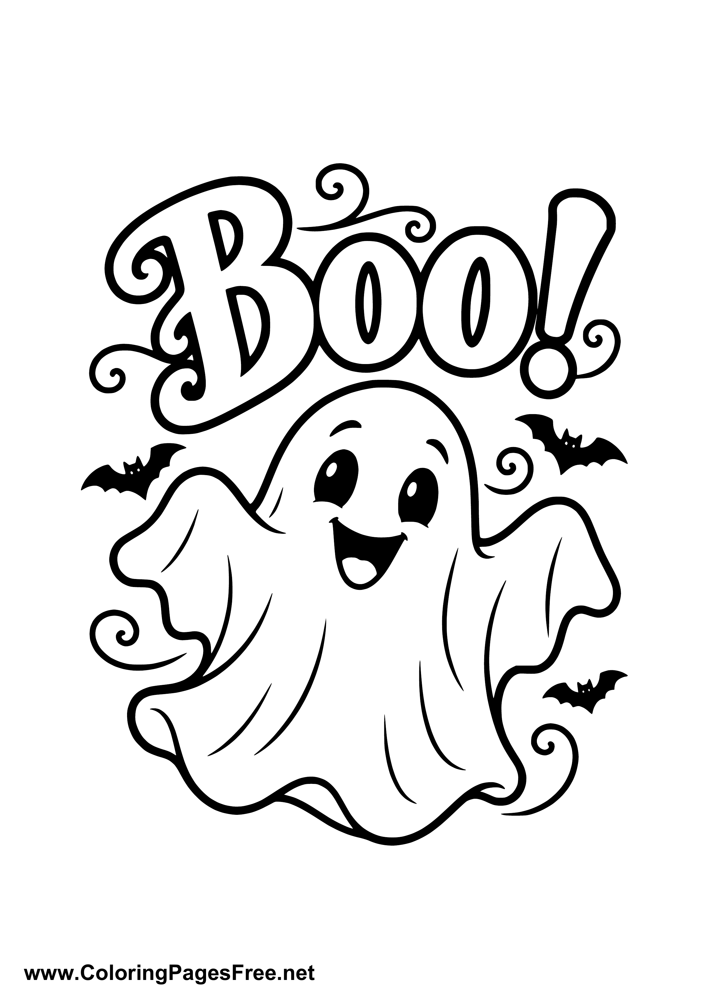 Boo Happy Ghost with Two Bats Coloring Page