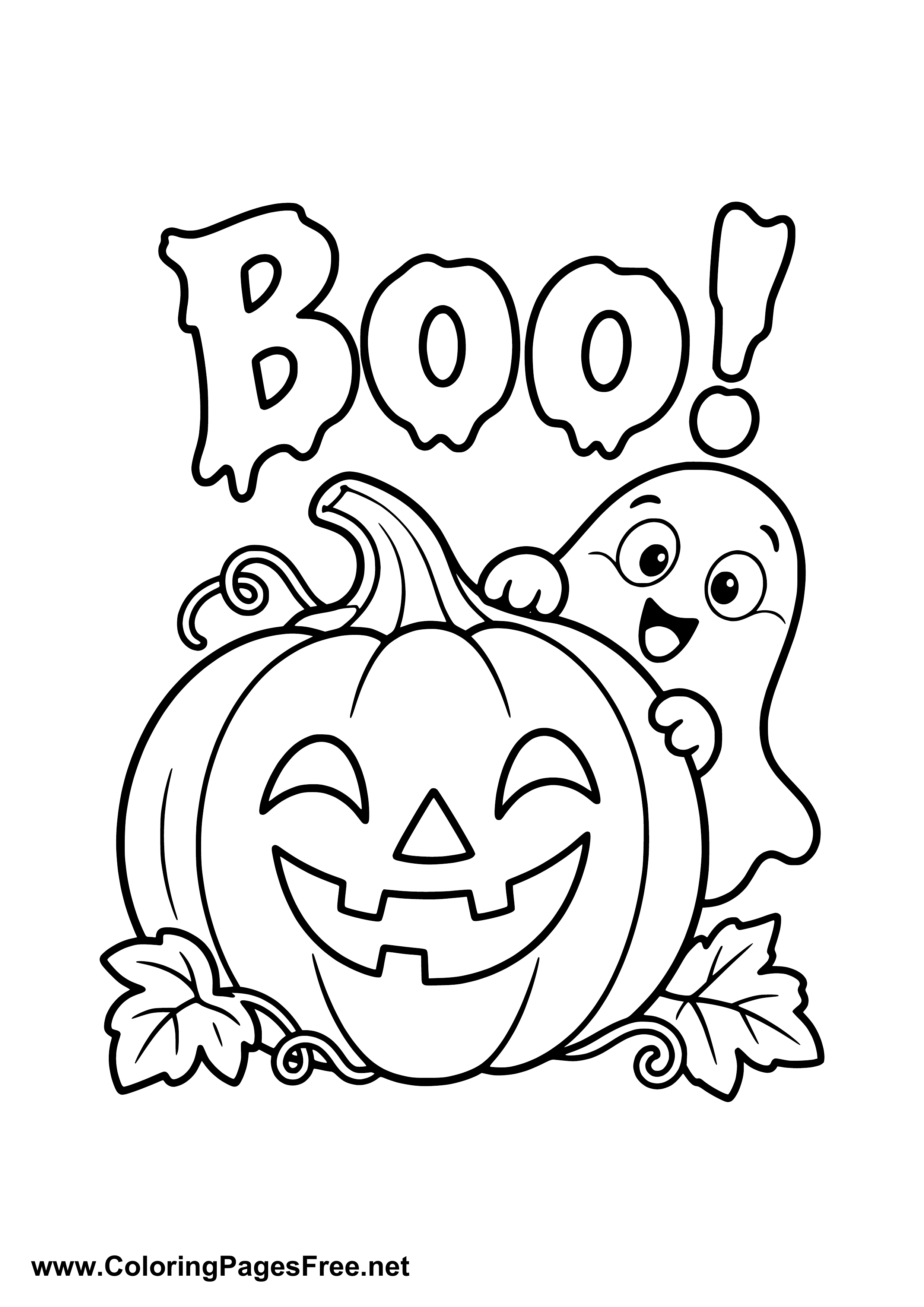 Boo Little Ghost Behind a Smiling Pumpkin Coloring Page