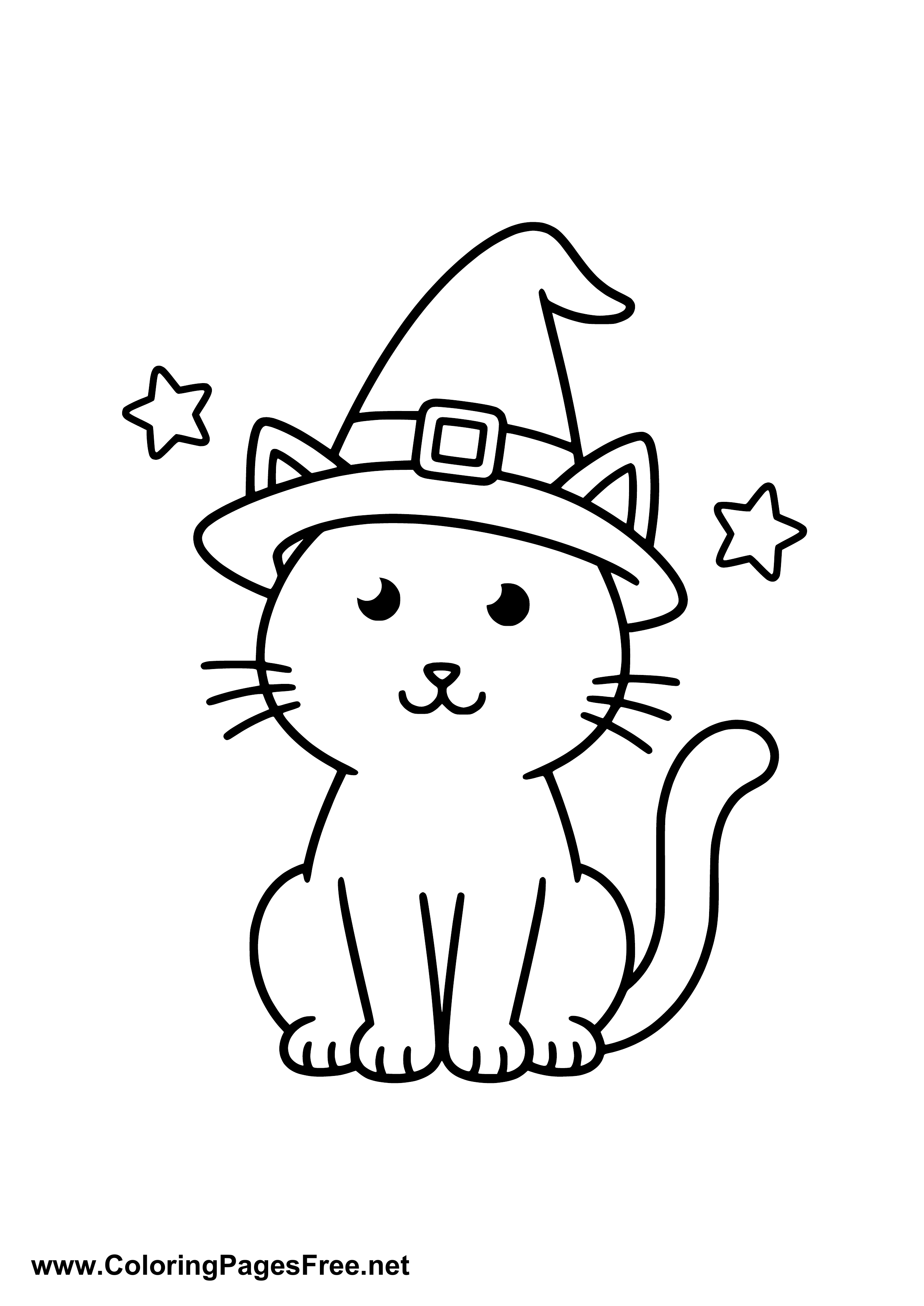 Cat with Witch Hat Coloring Page Halloween