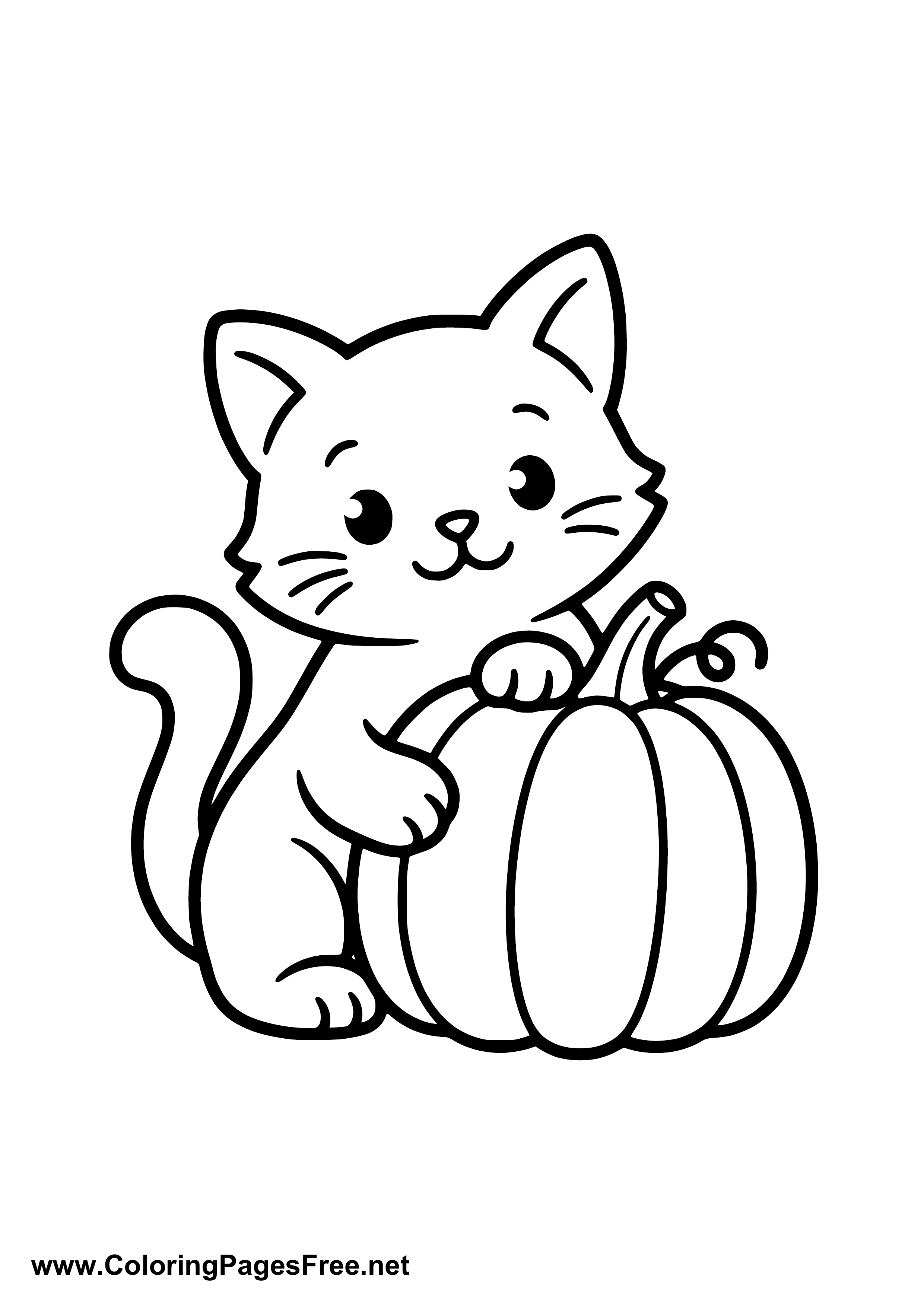 Cute Cat with Pumpkin Coloring Page