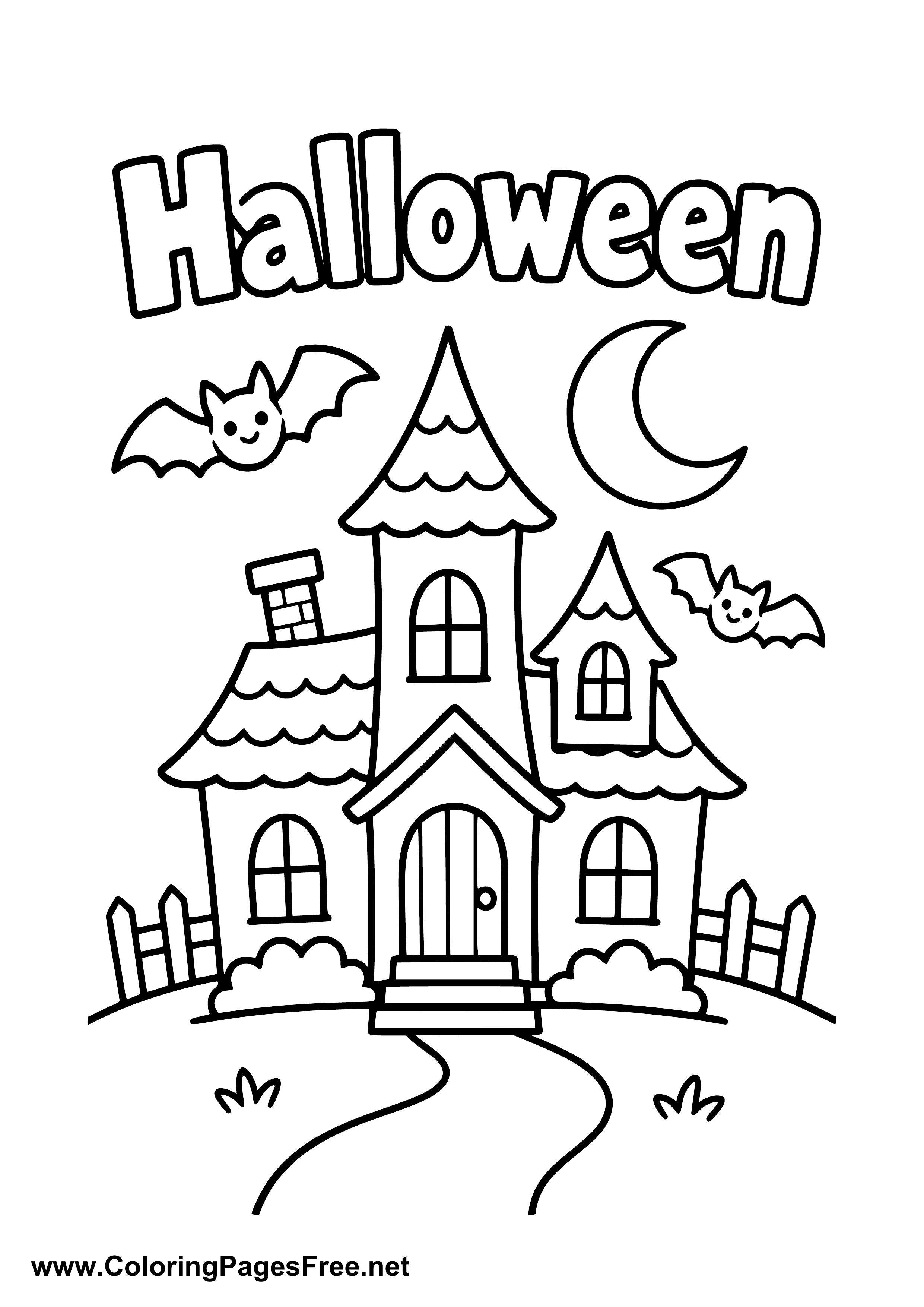 Easy Halloween Haunted House with Bats Coloring Page