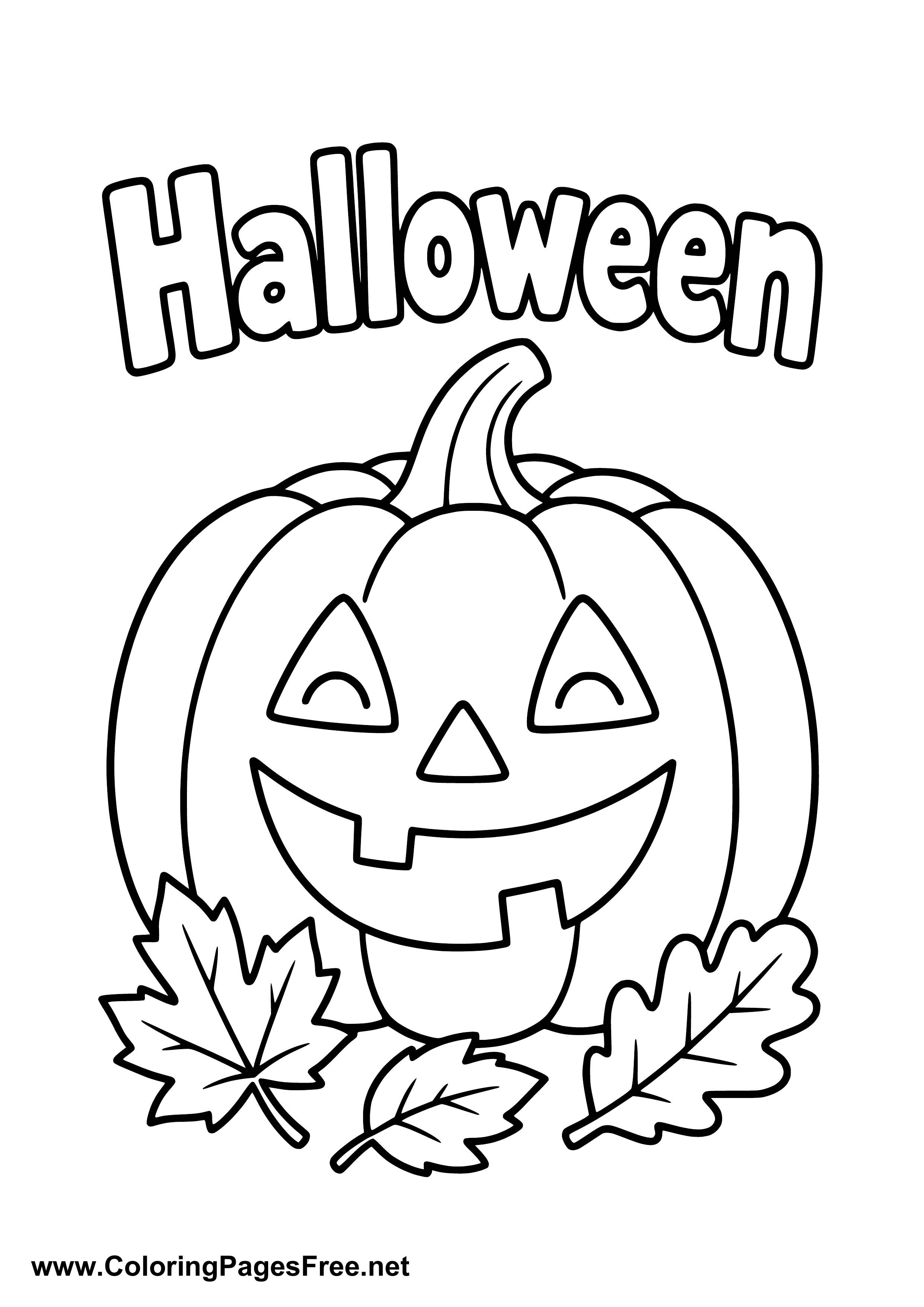 Easy Halloween Pumpkin with Fall Leaves Coloring Page