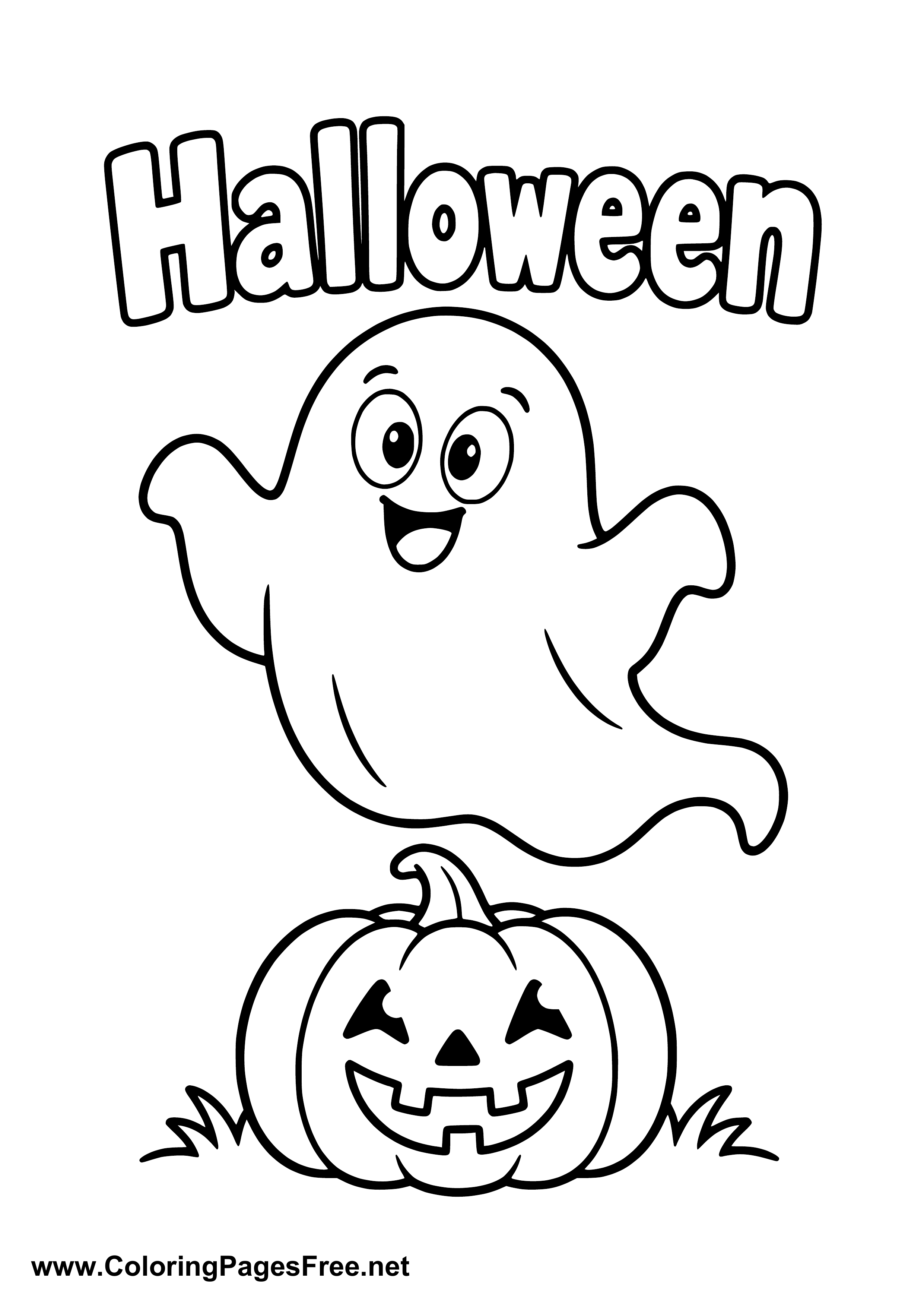 Friendly Halloween Ghost Above a Pumpkin Coloring Page