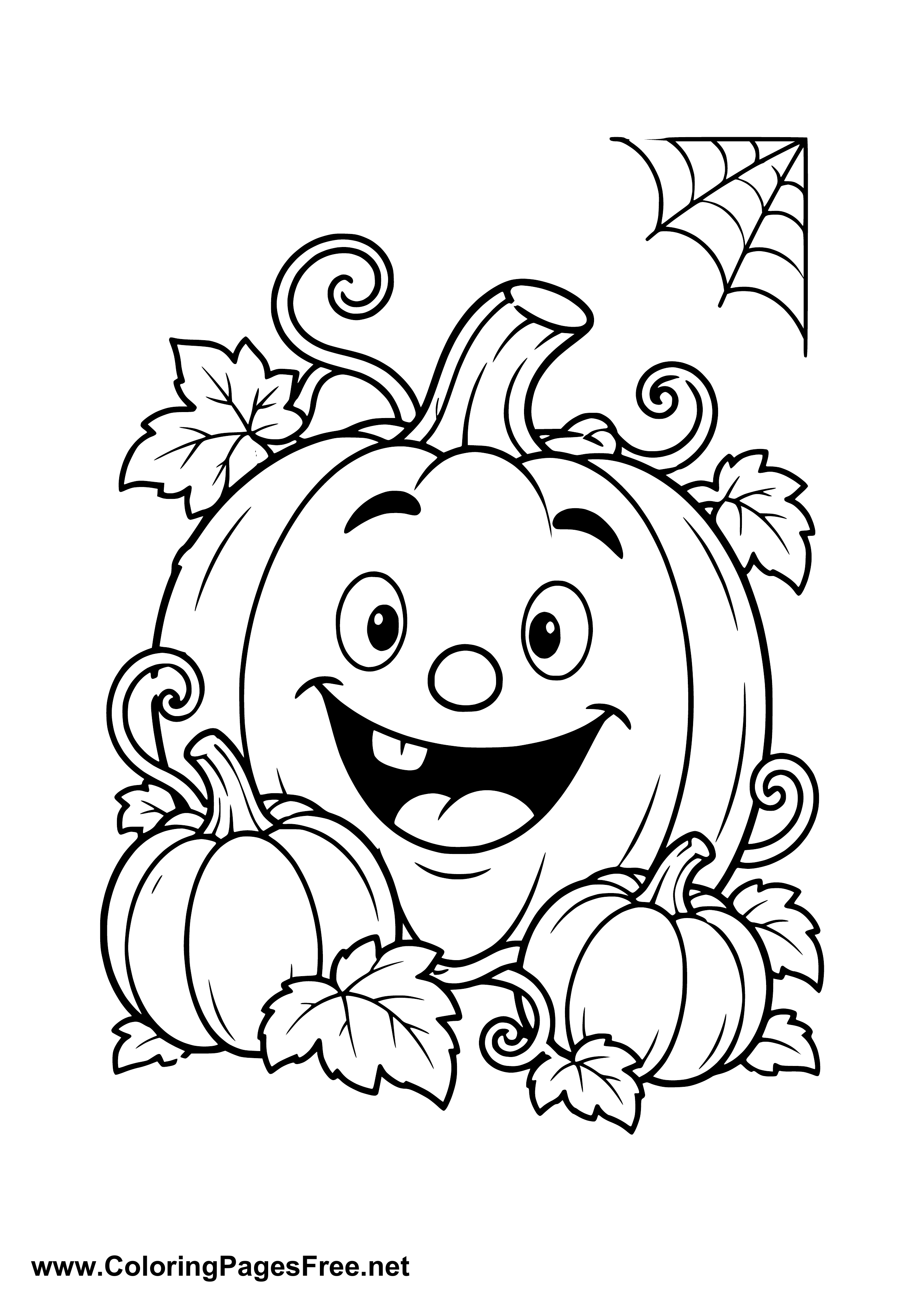 Funny Halloween Pumpkin with Spider Web Coloring Page