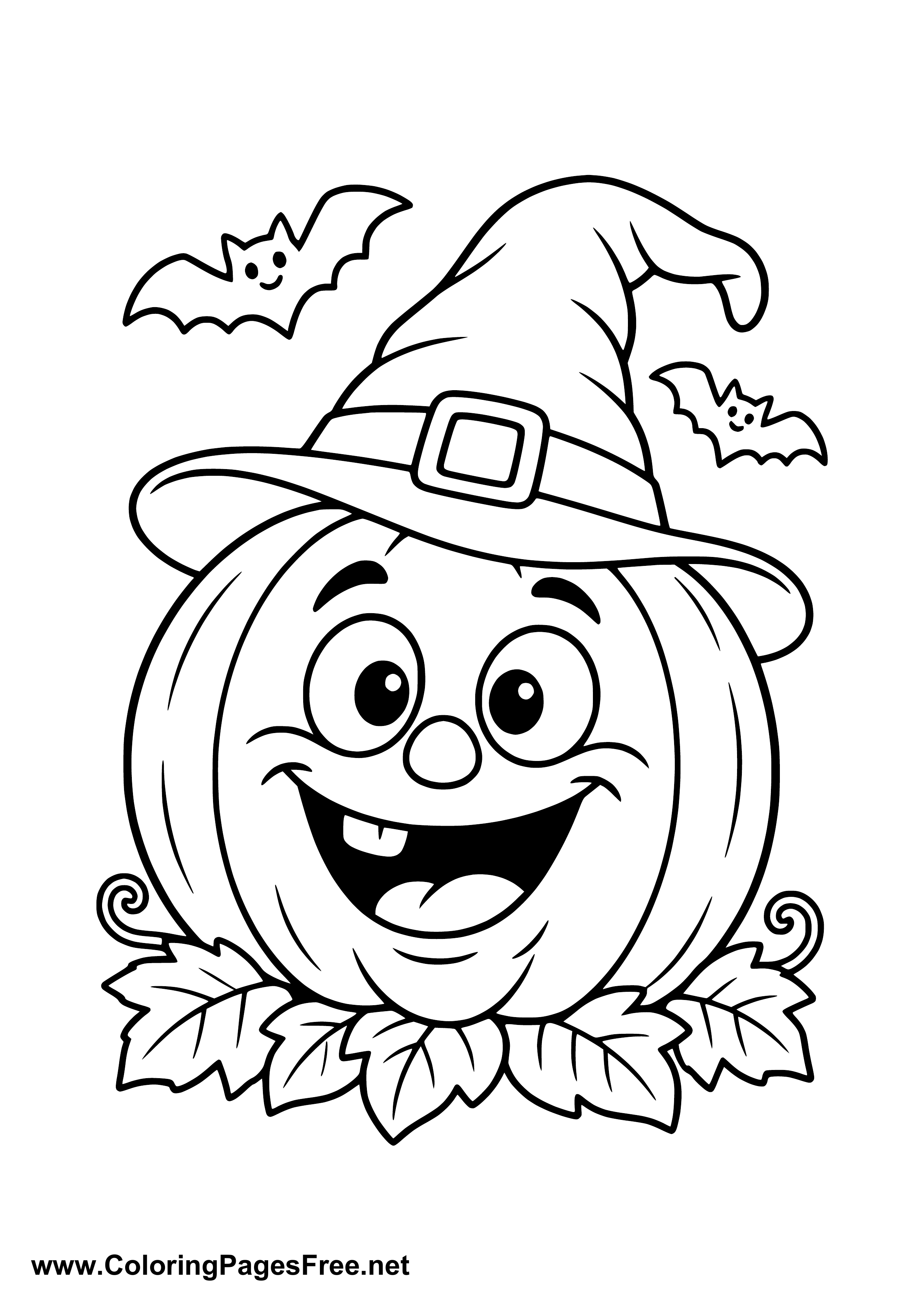 Grinning Halloween Pumpkin with Witch Hat Coloring Page