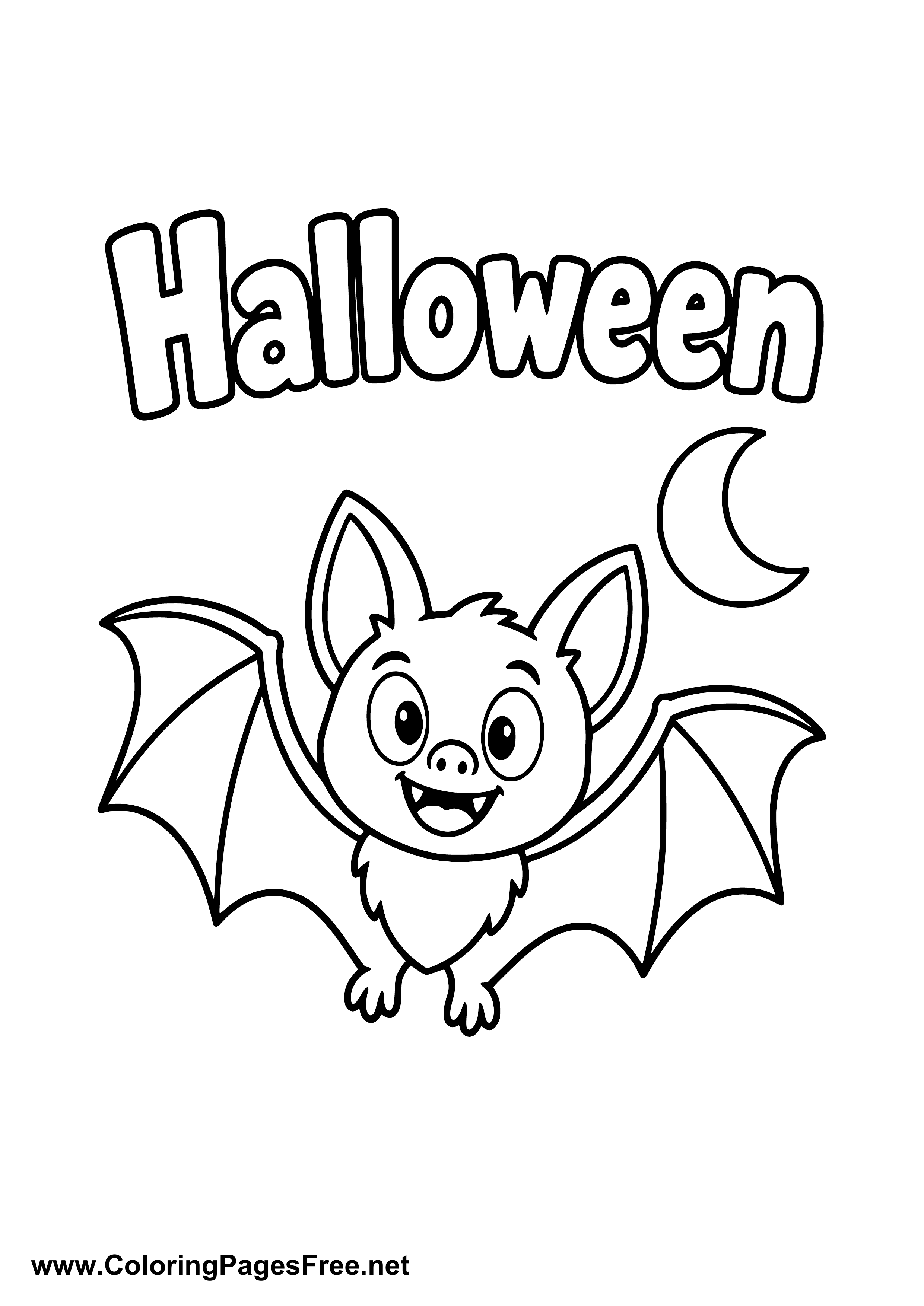 Halloween Bat and Moon at Night Coloring Page