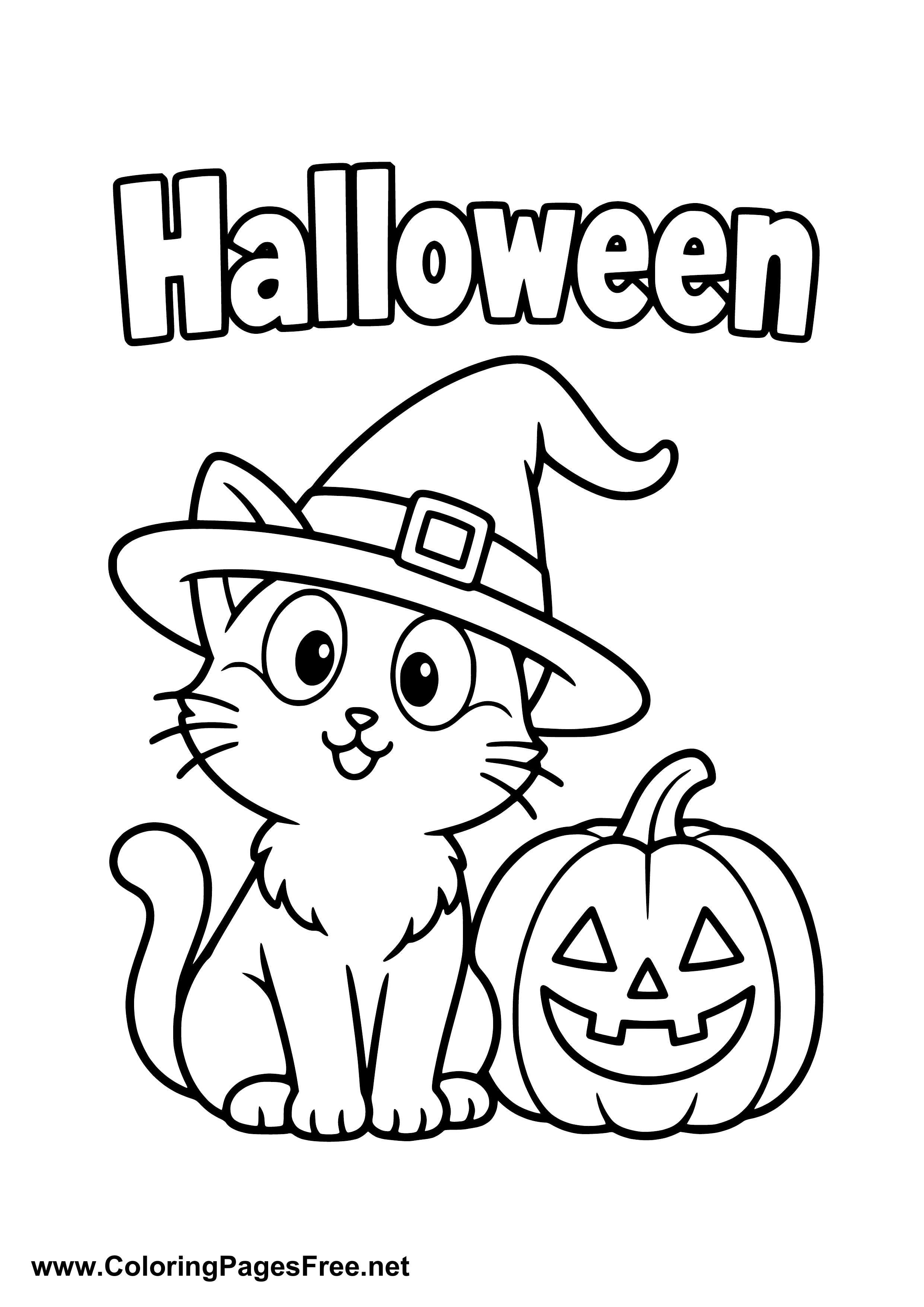 Halloween Cat and Pumpkin Lantern with Witch Hat Coloring Page