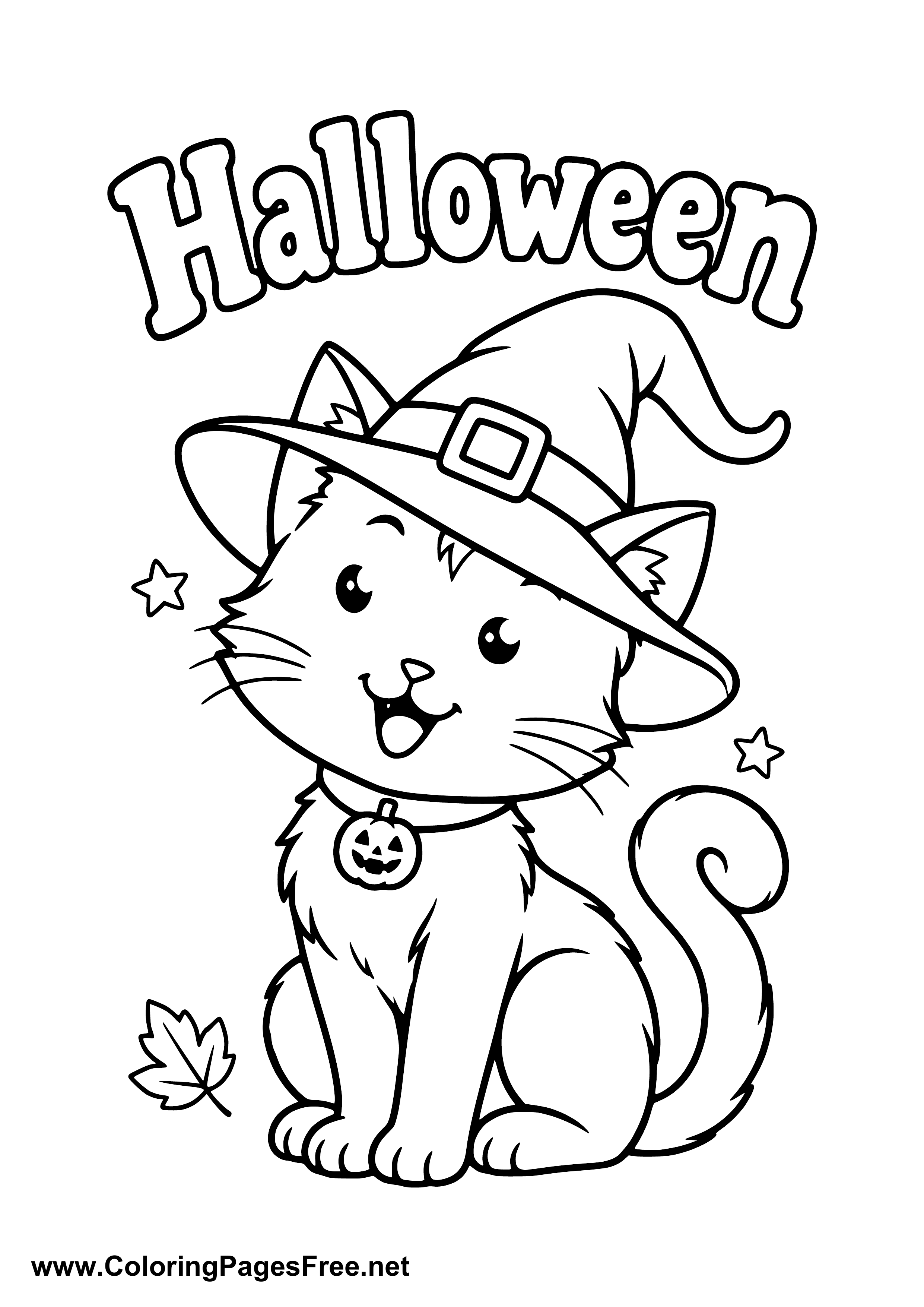 Halloween Cat Wearing a Witch Hat with Pumpkin Coloring Page