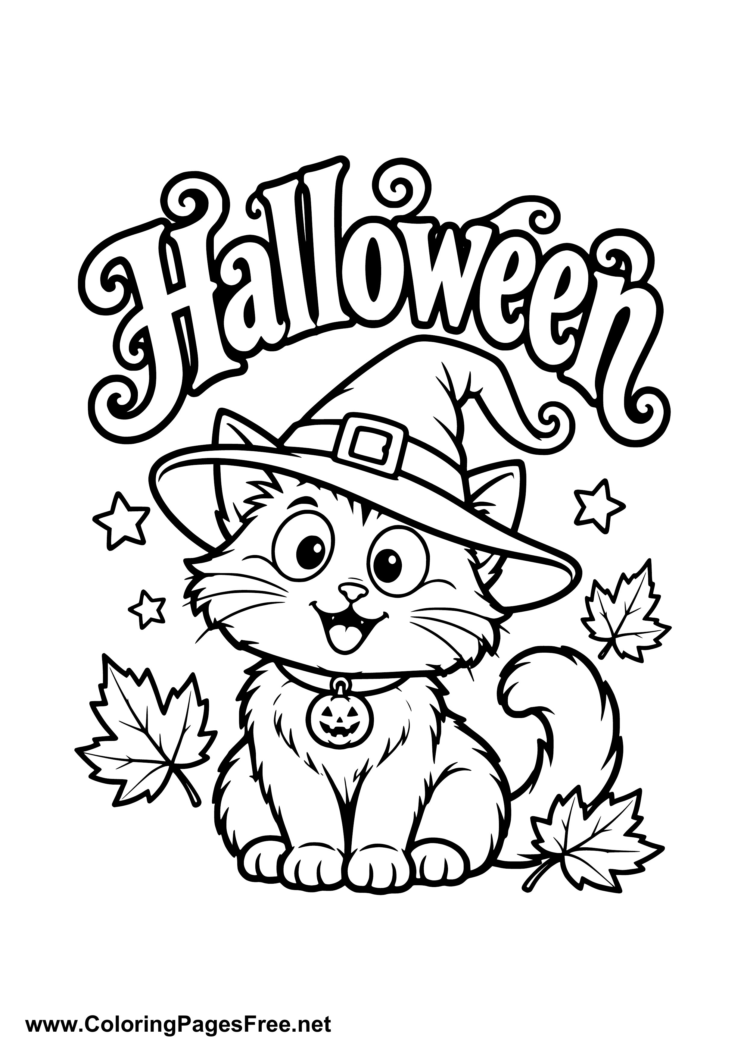 Halloween Cat with Witch Hat and Leaves Coloring Page