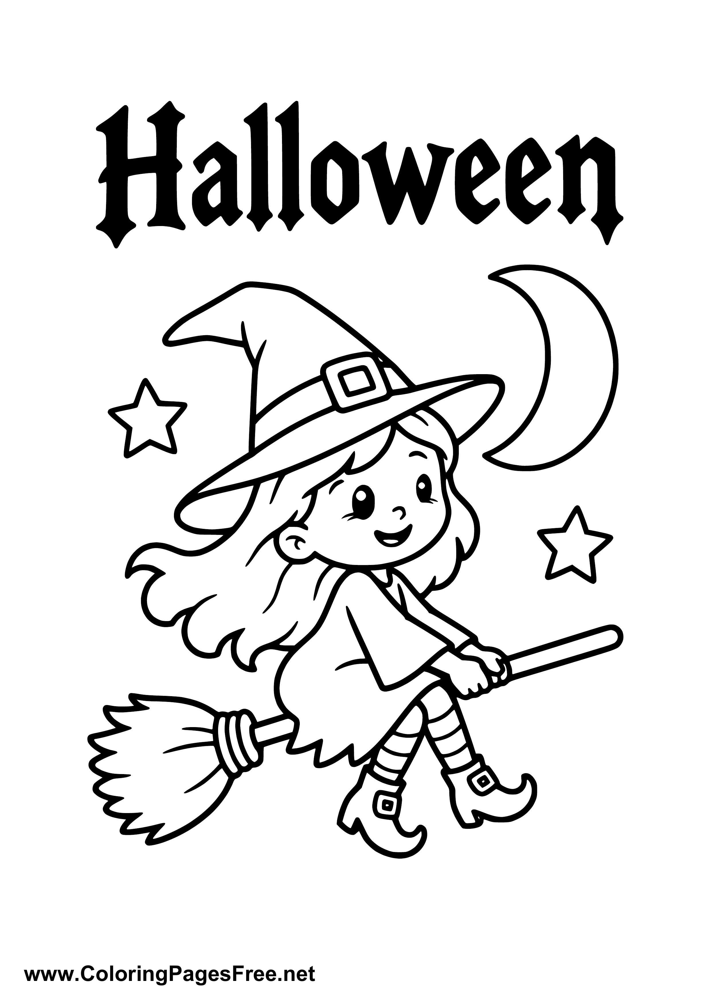 Halloween Flying Witch with Broom and Moon Coloring Page