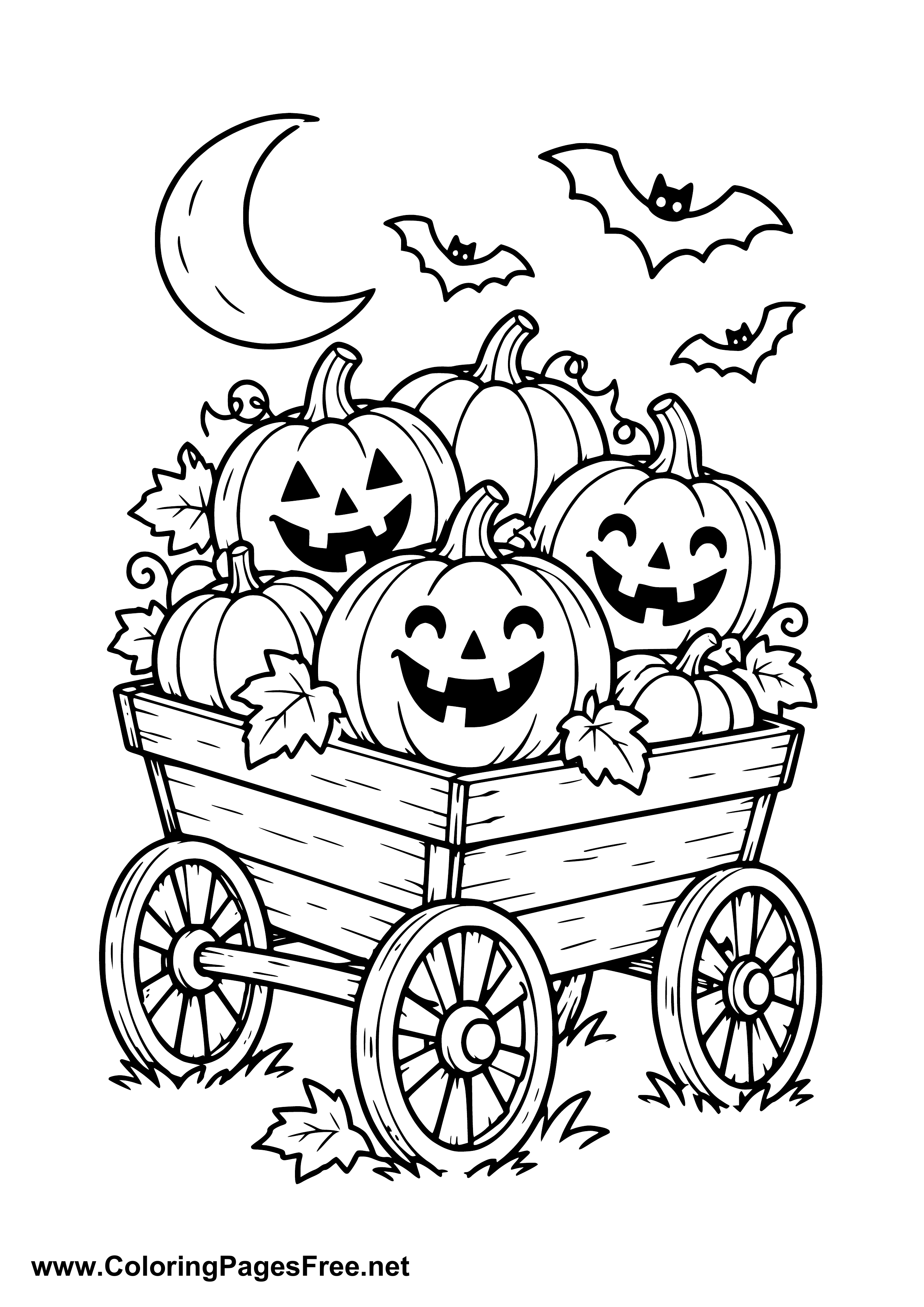 Halloween Harvest Wagon with Pumpkin Lanterns Coloring Page