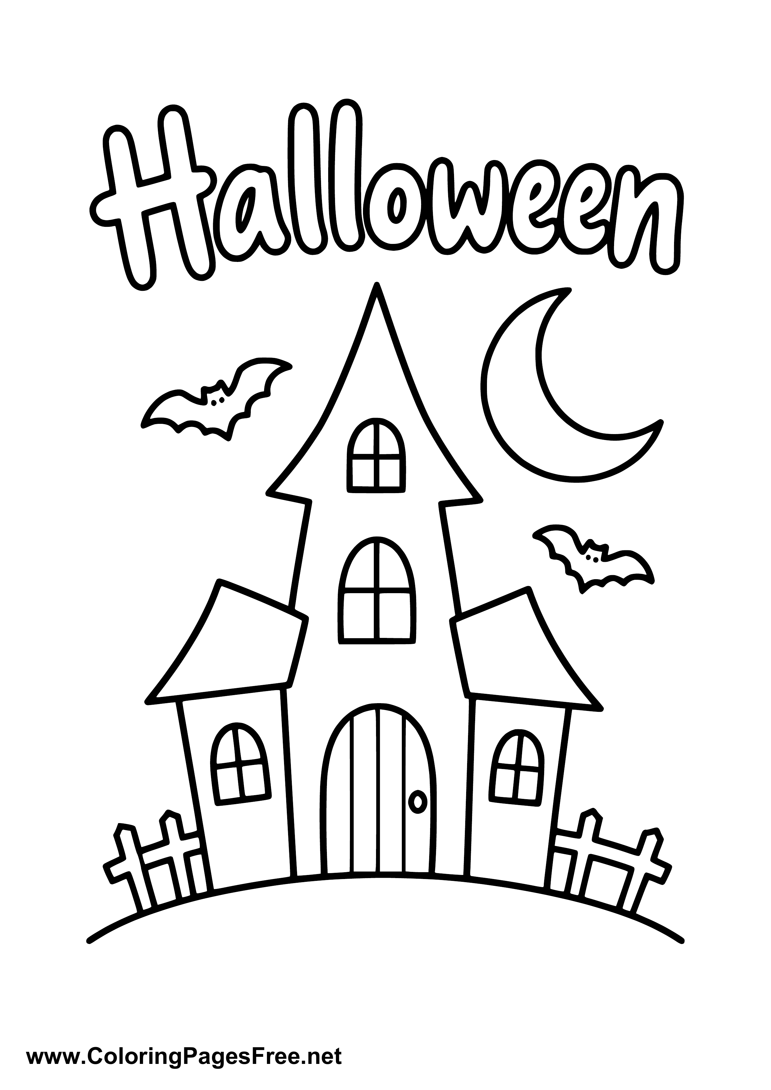 Halloween House with Moon and Bats Coloring Page