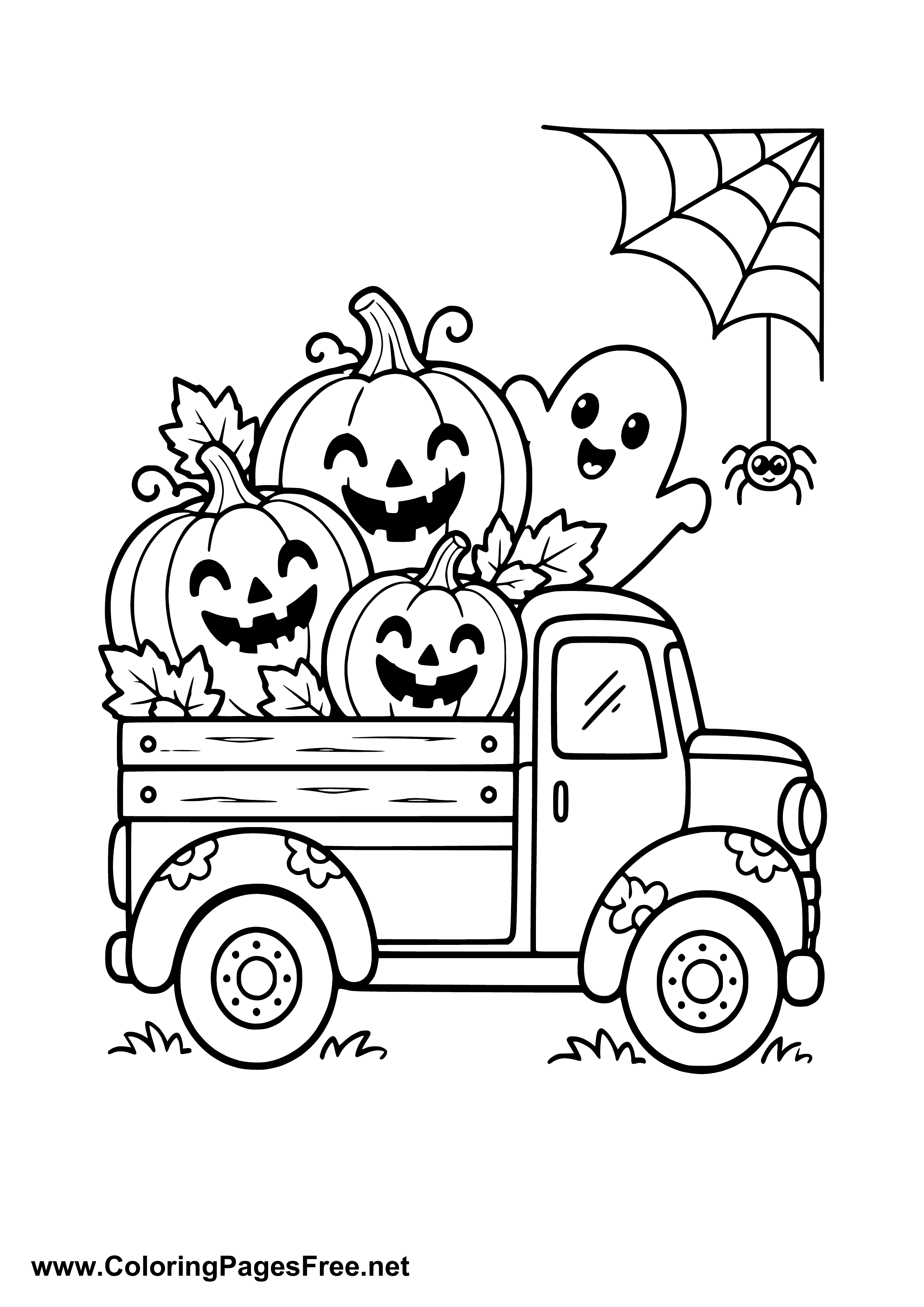 Halloween Pumpkin Truck with Ghost and Spider Web Coloring Page
