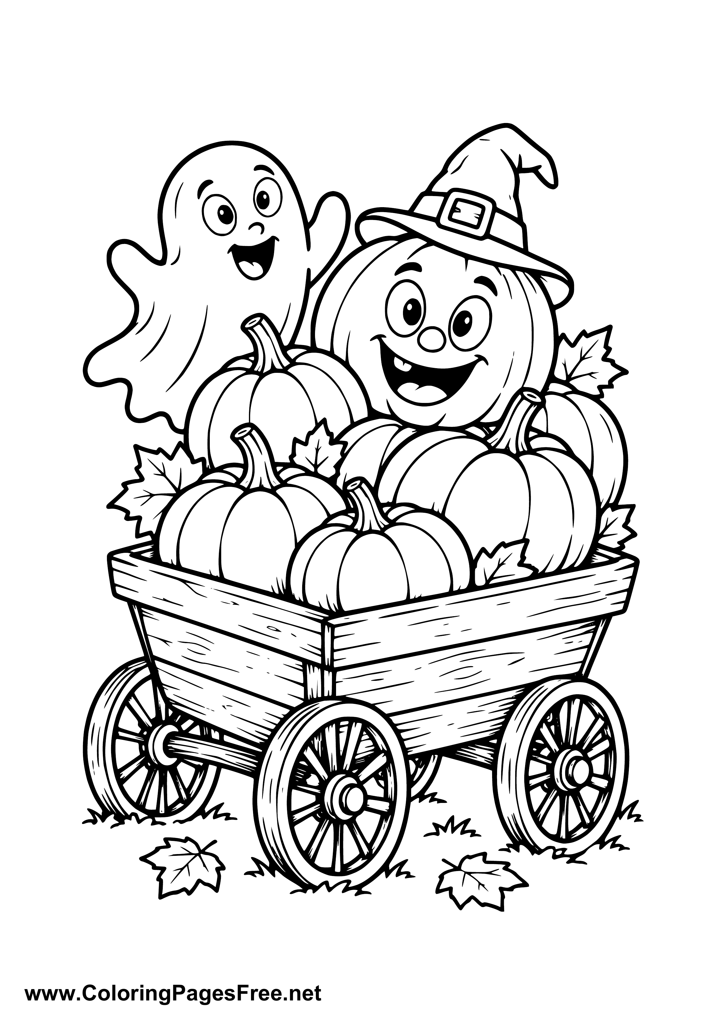 Halloween Pumpkin Wagon with Happy Ghost Coloring Page