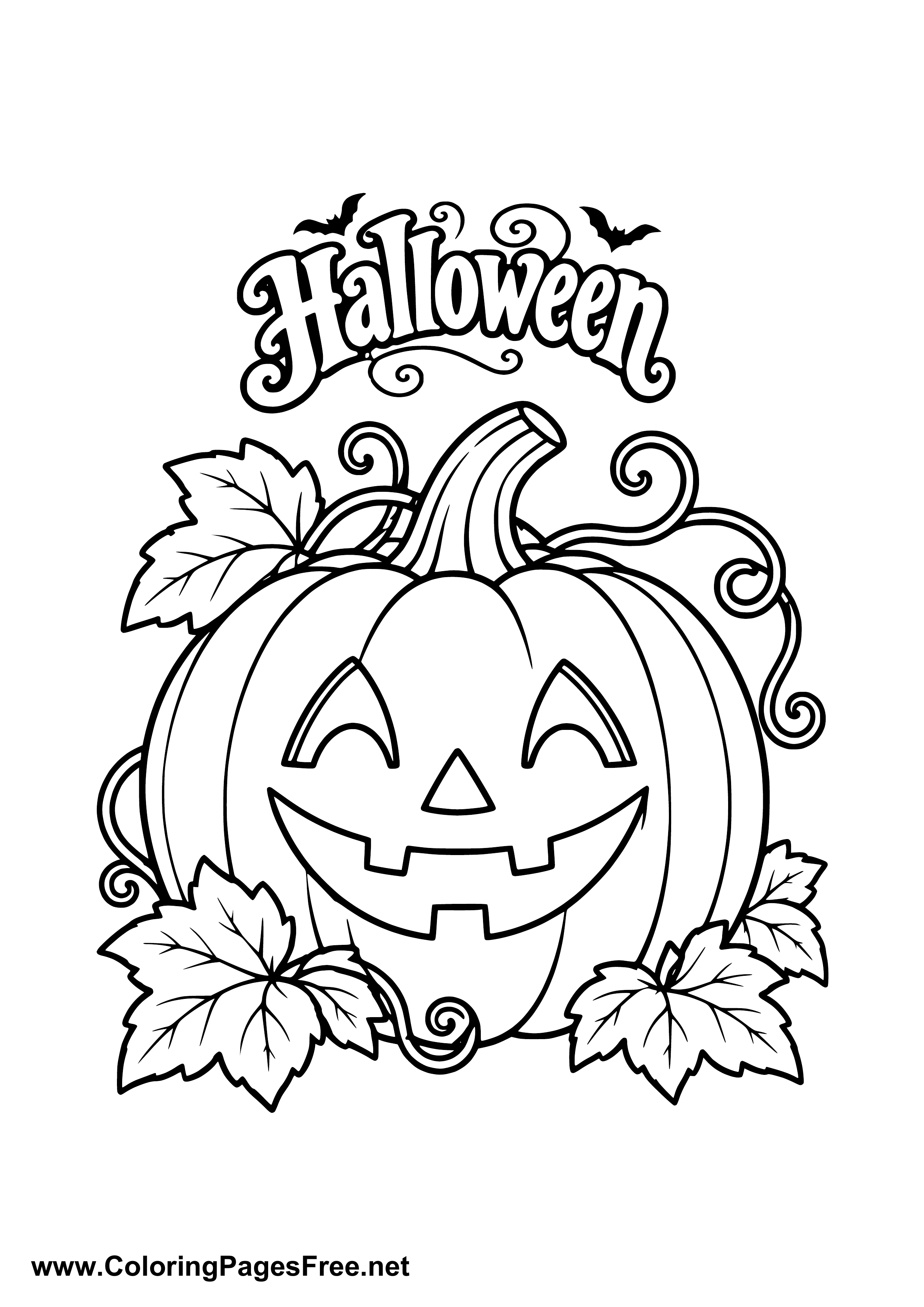 Halloween Pumpkin with Leaves and Bats Coloring Page