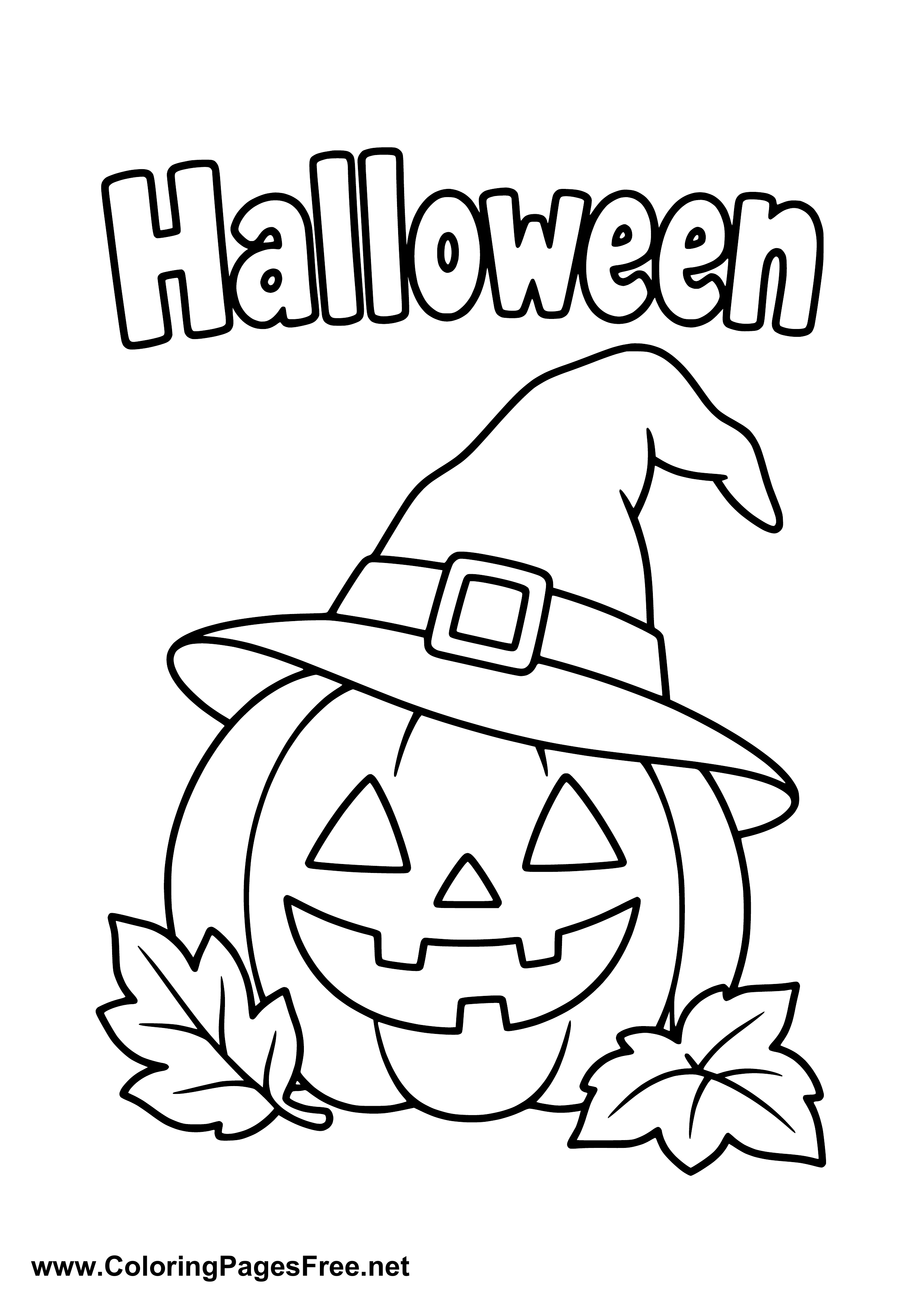 Halloween Pumpkin with Witch Hat and Fall Leaves Coloring Page