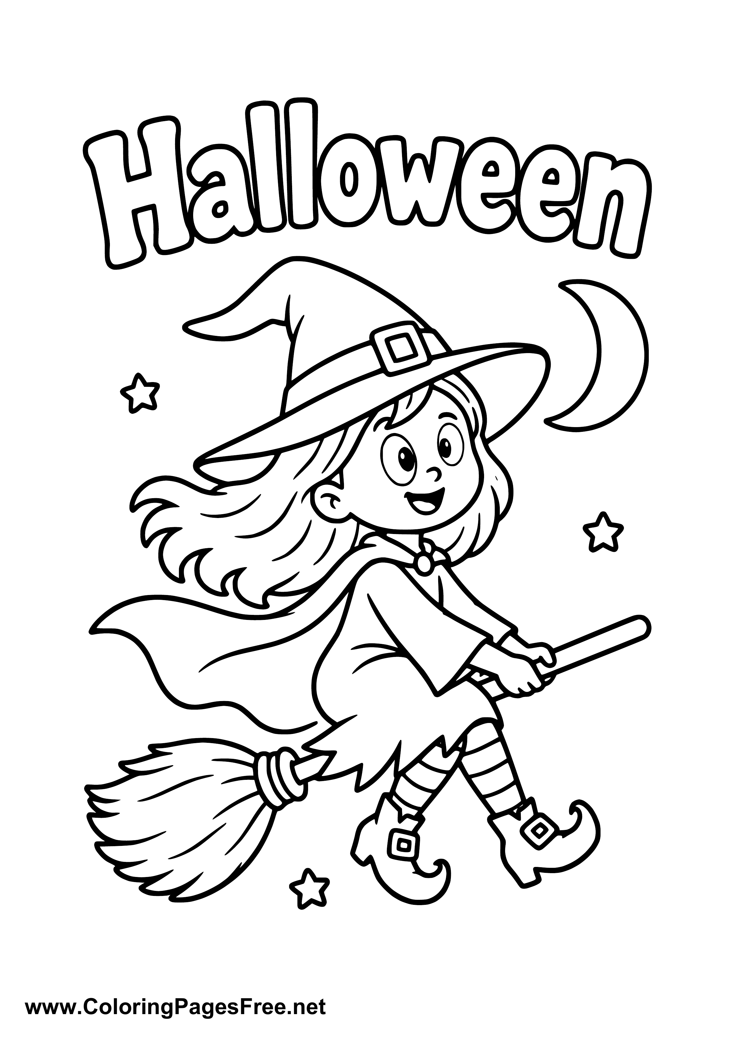 Halloween Witch on a Broom Under the Full Moon Coloring Page