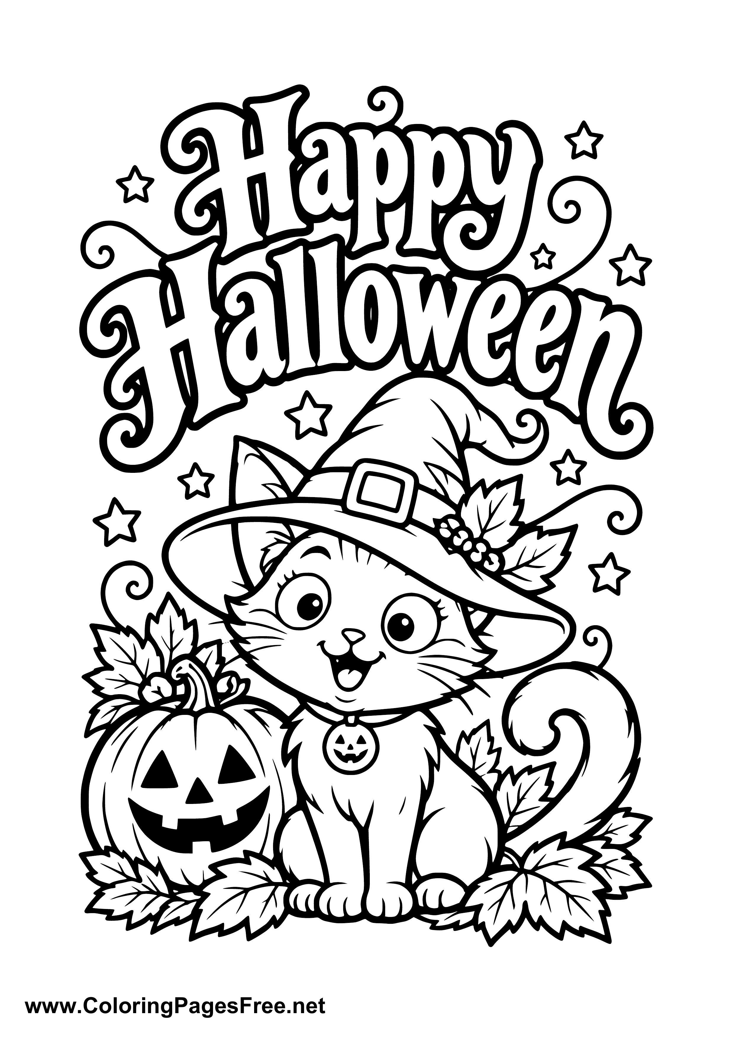 Happy Halloween Cat with Witch Hat and Pumpkin Coloring Page