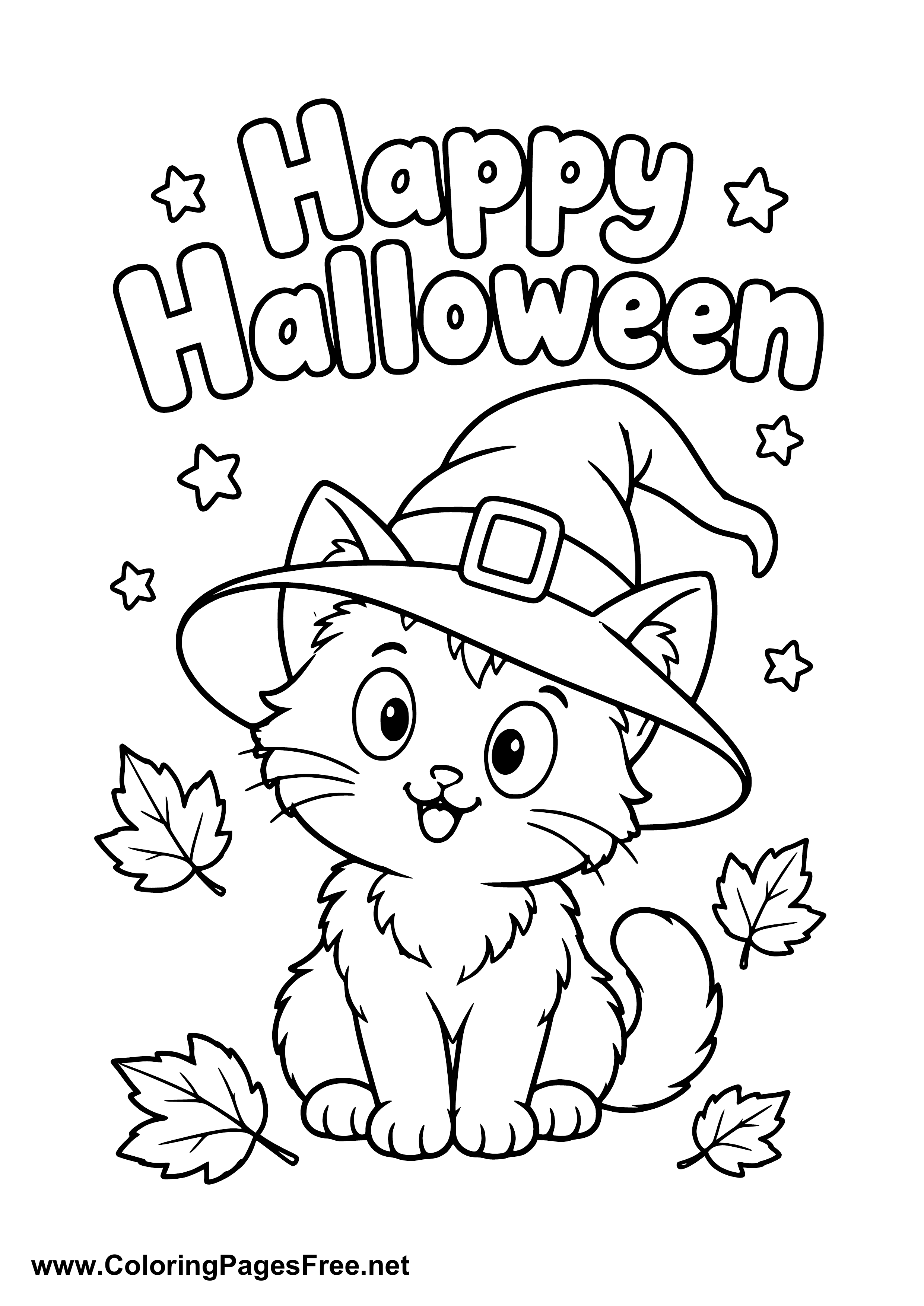 Happy Halloween Cute Cat with Witch Hat Coloring Page
