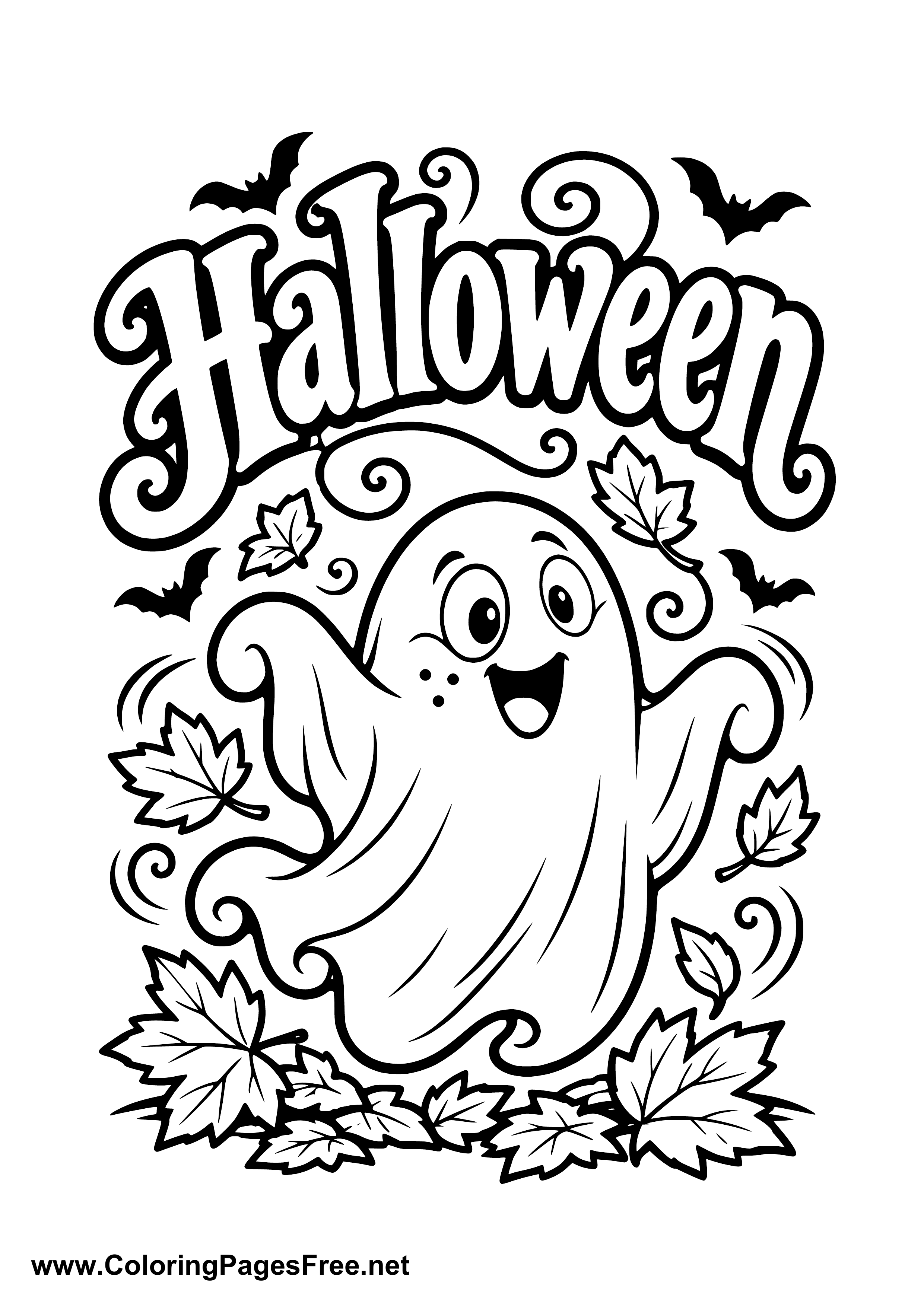 Happy Halloween Ghost and Bats Coloring Page