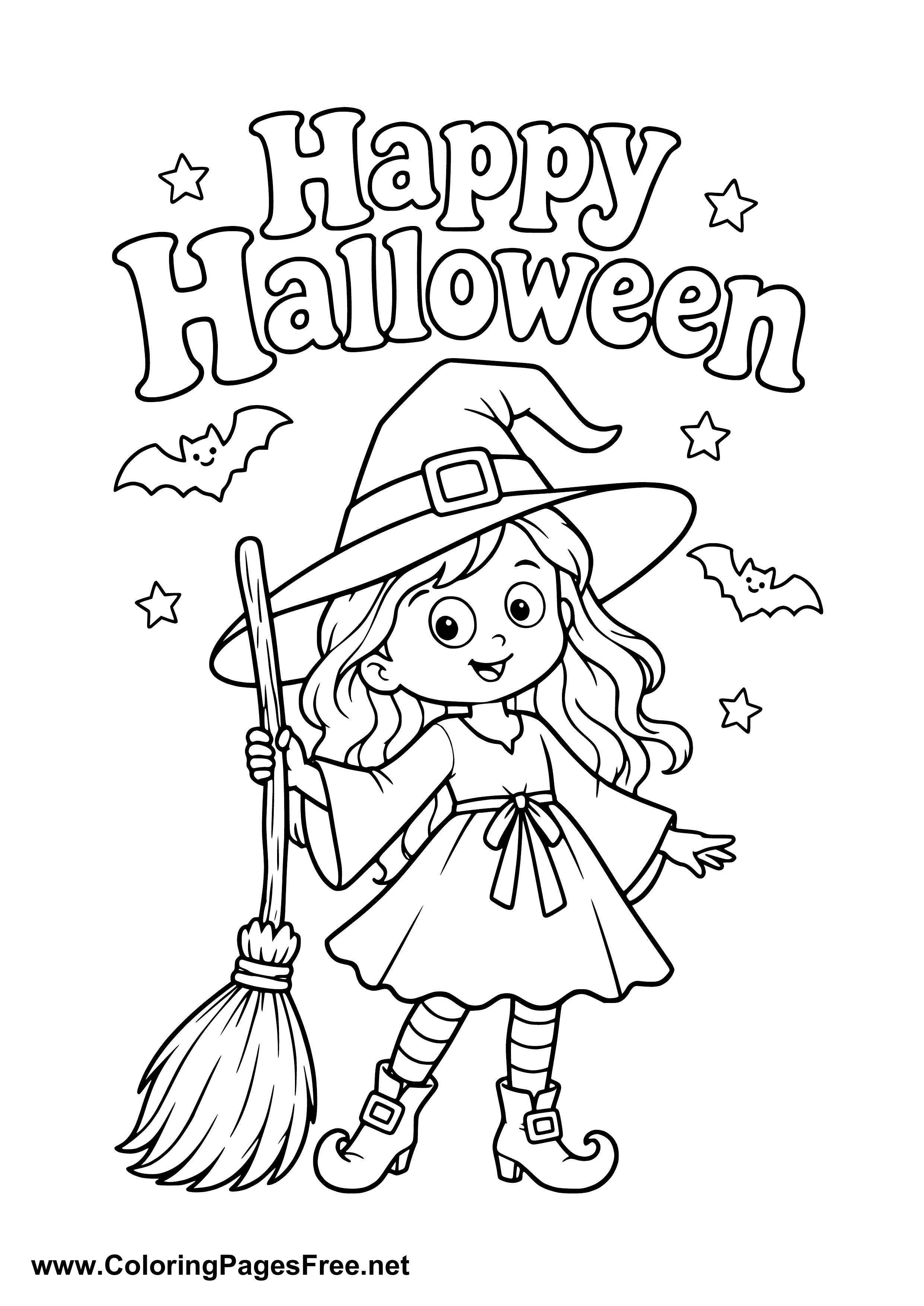 Happy Halloween Little Witch with Broom Coloring Page