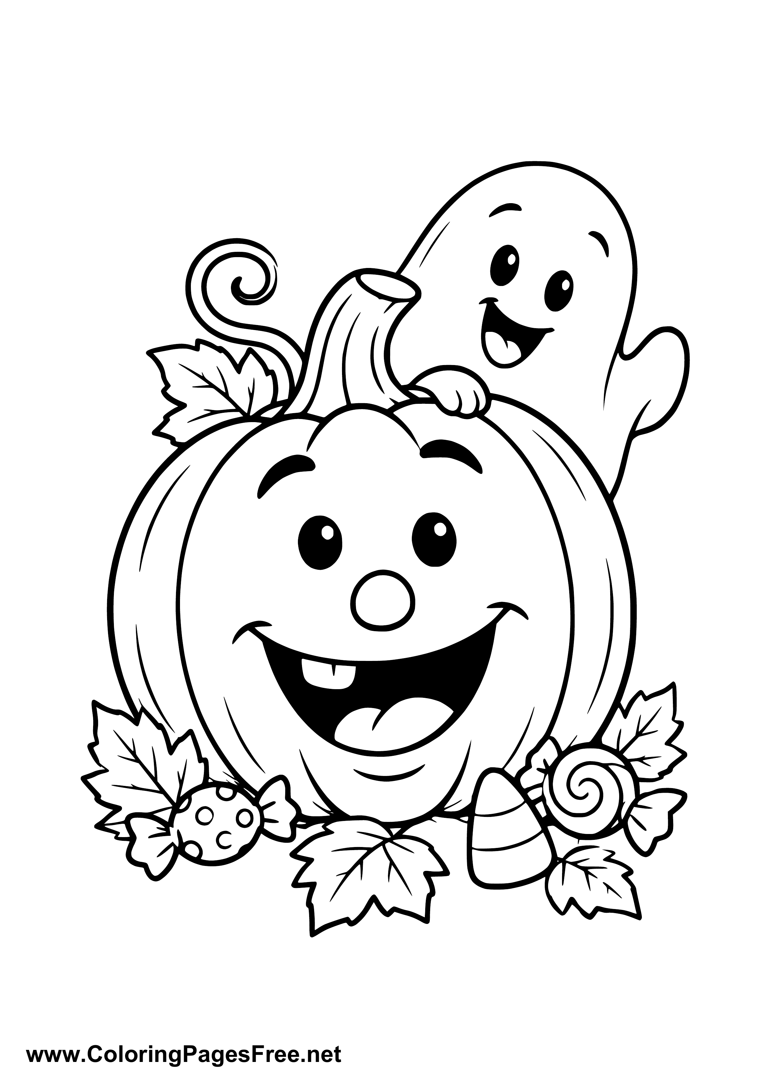 Happy Halloween Pumpkin and Little Ghost Coloring Page