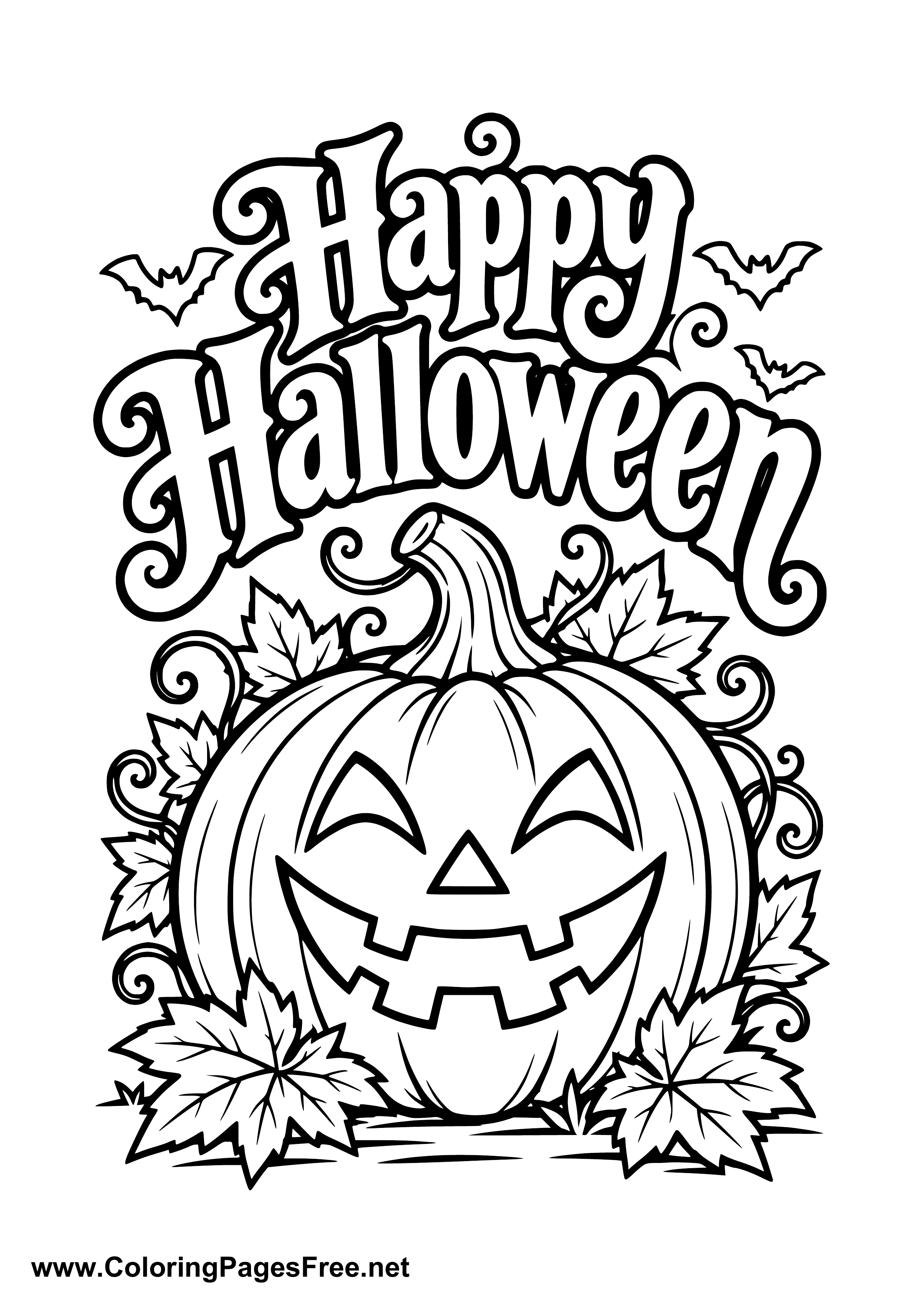 Happy Halloween Smiling Pumpkin with Fall Leaves Coloring Page