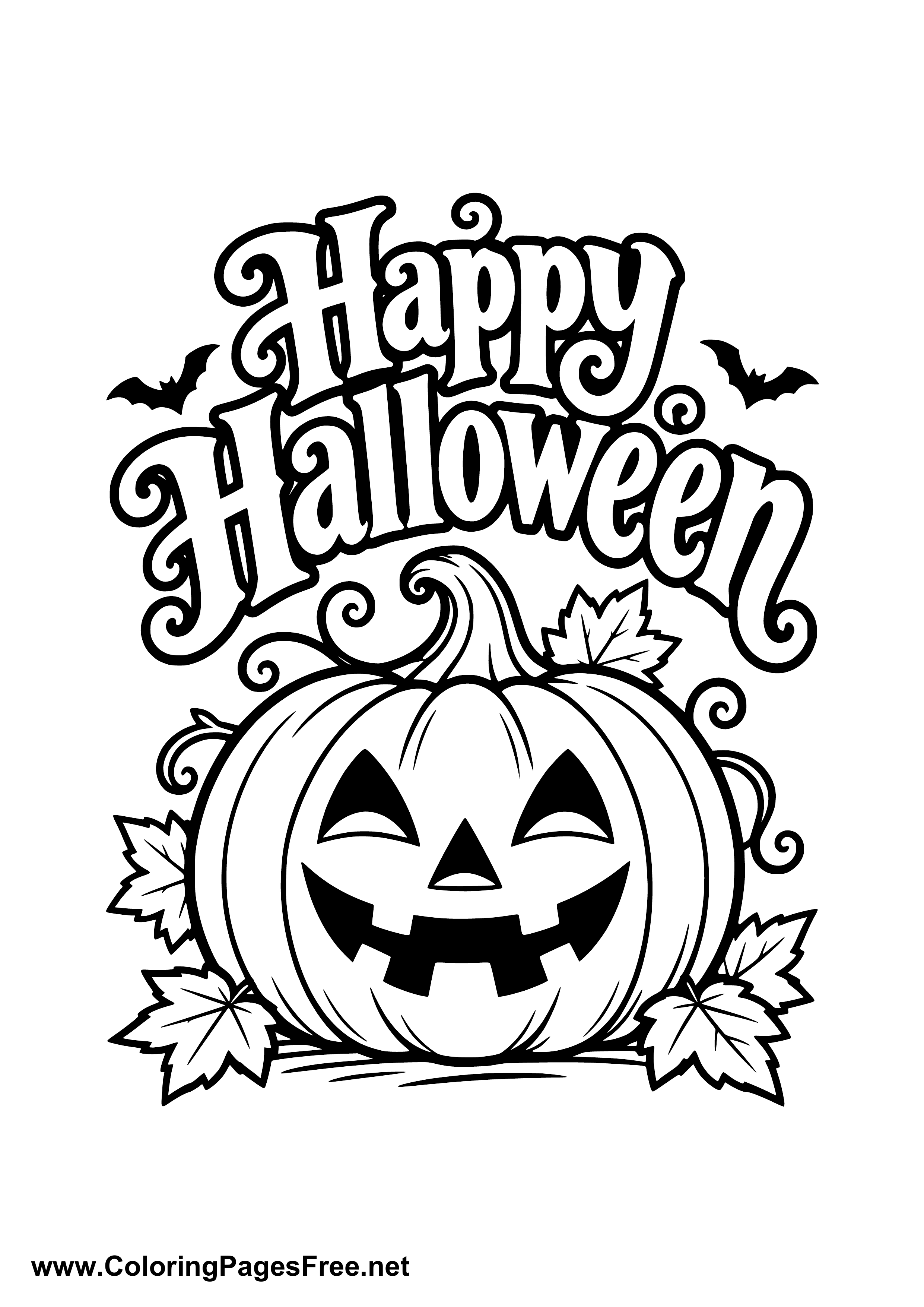Happy Halloween Smiling Pumpkin with Vines Coloring Page