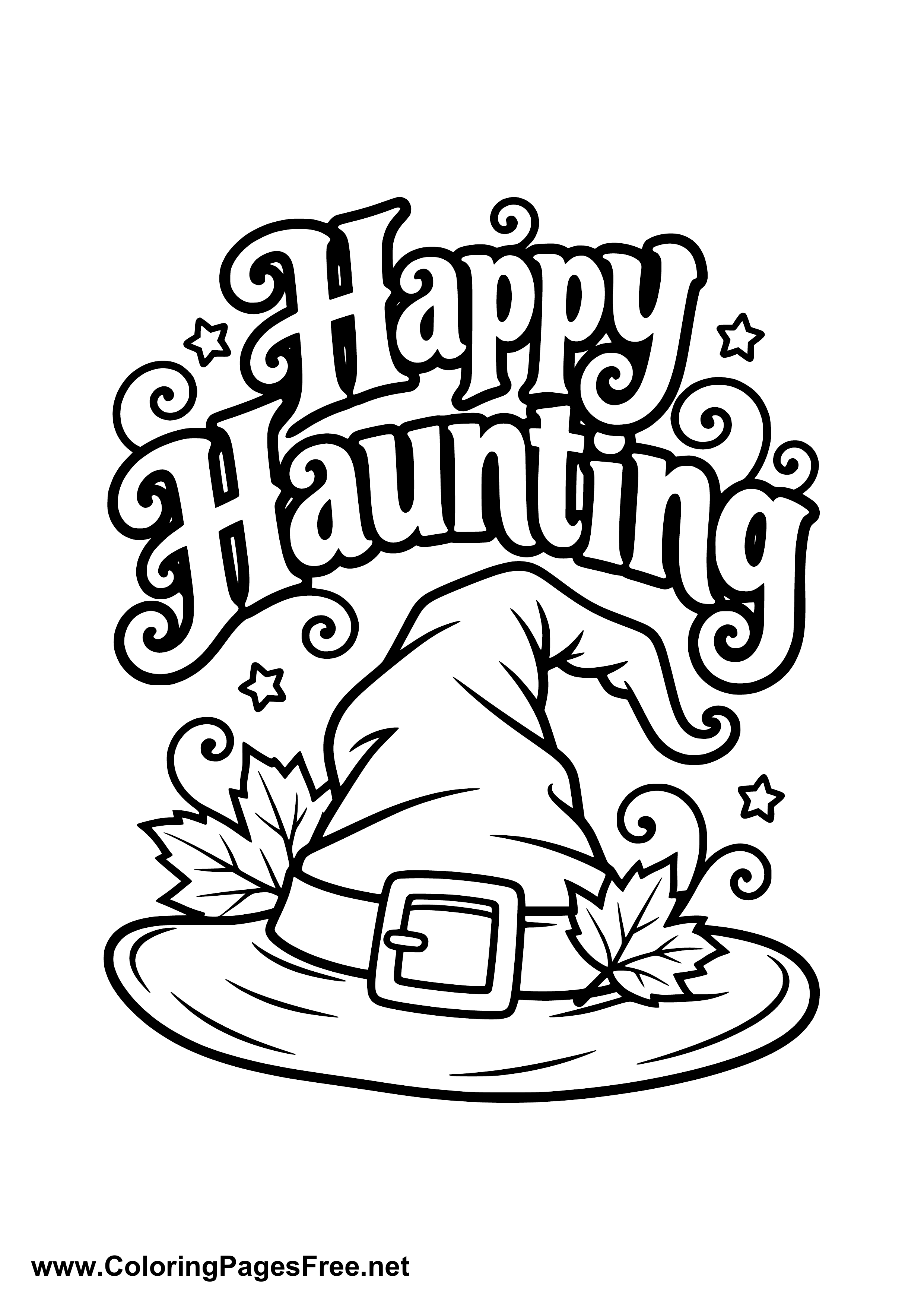 Happy Haunting Witch Hat with Fall Leaves Coloring Page