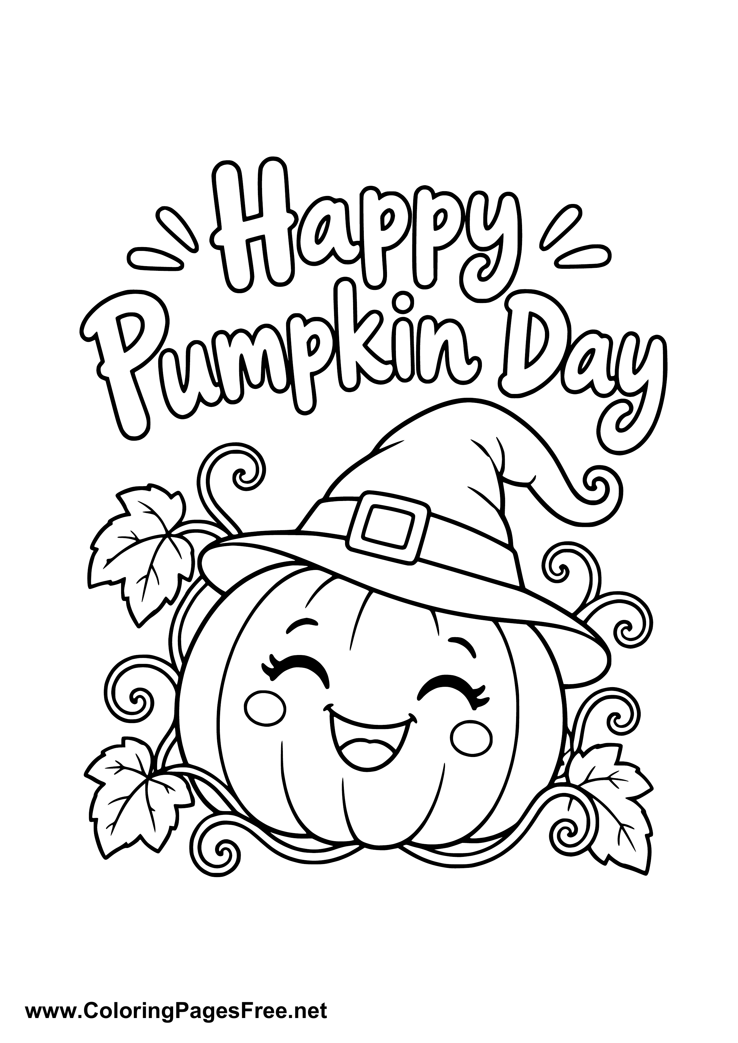 Happy Pumpkin Day Smiling Pumpkin with Witch Hat Coloring Page
