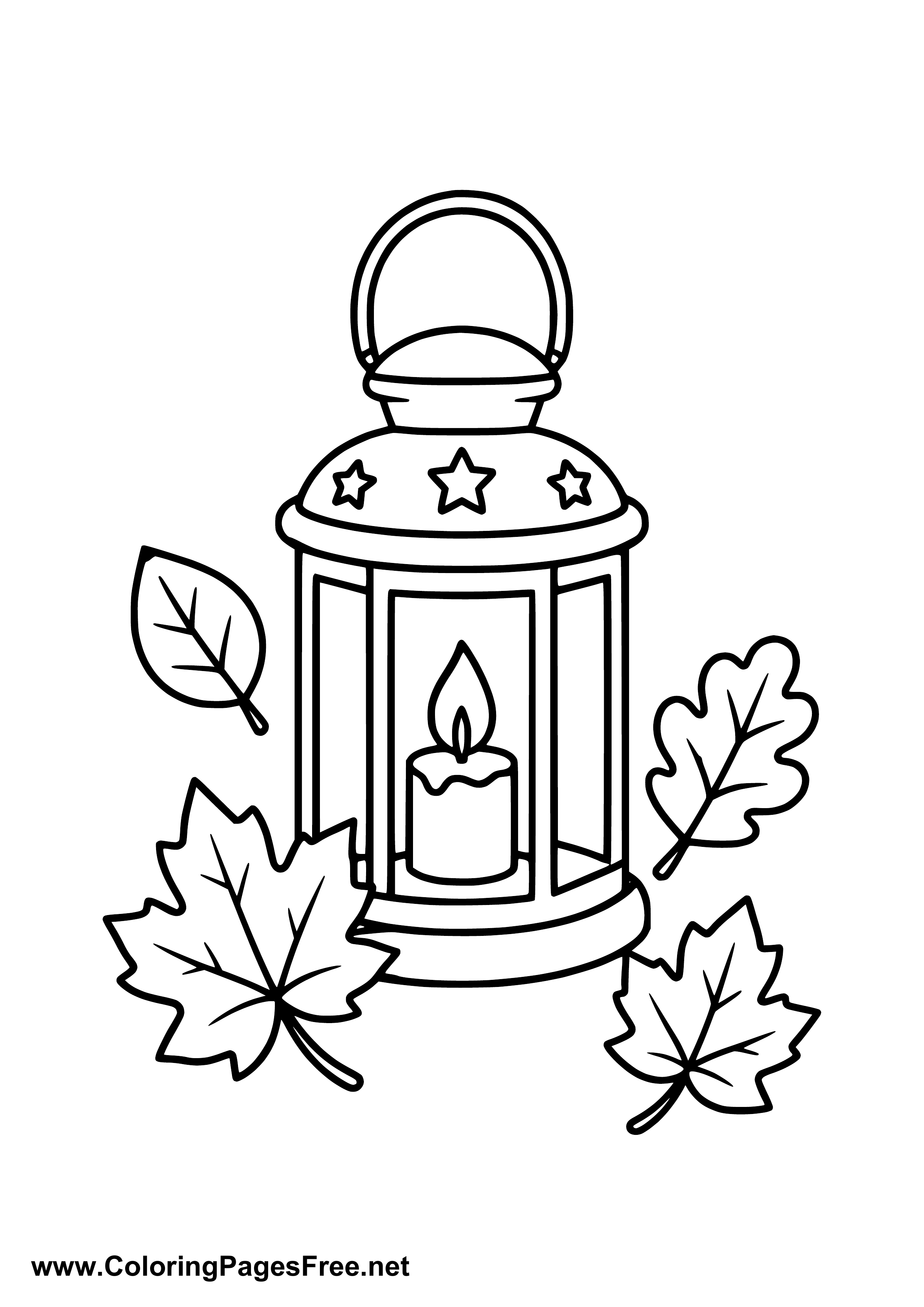 Lantern with Autumn Leaves Coloring Page