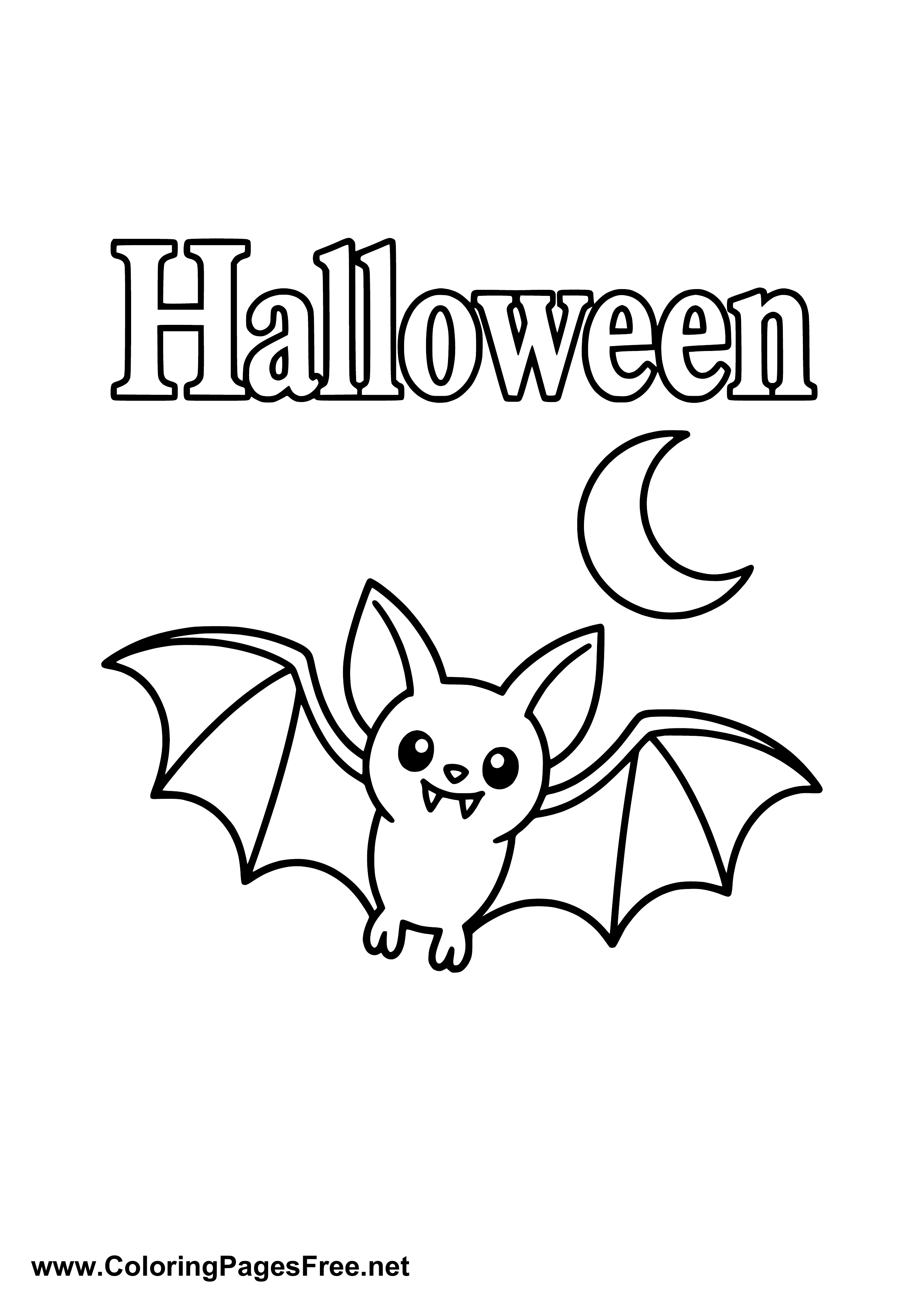 Little Halloween Bat Under a Crescent Moon Coloring Page
